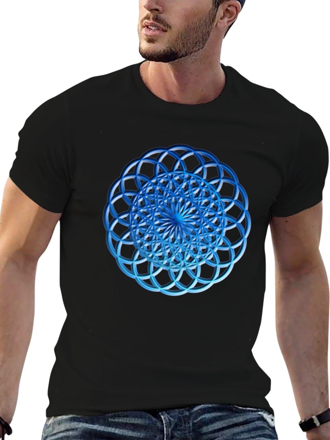 Geometric Blue Circle Design Black T-Shirt
