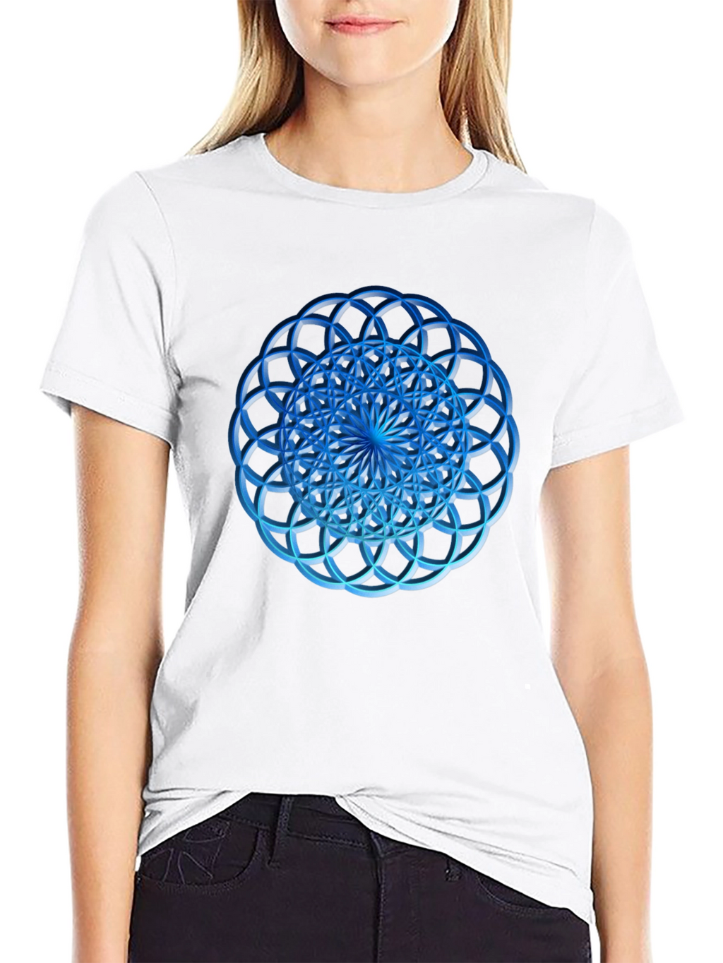 Geometric Blue Circle Design Black T-Shirt