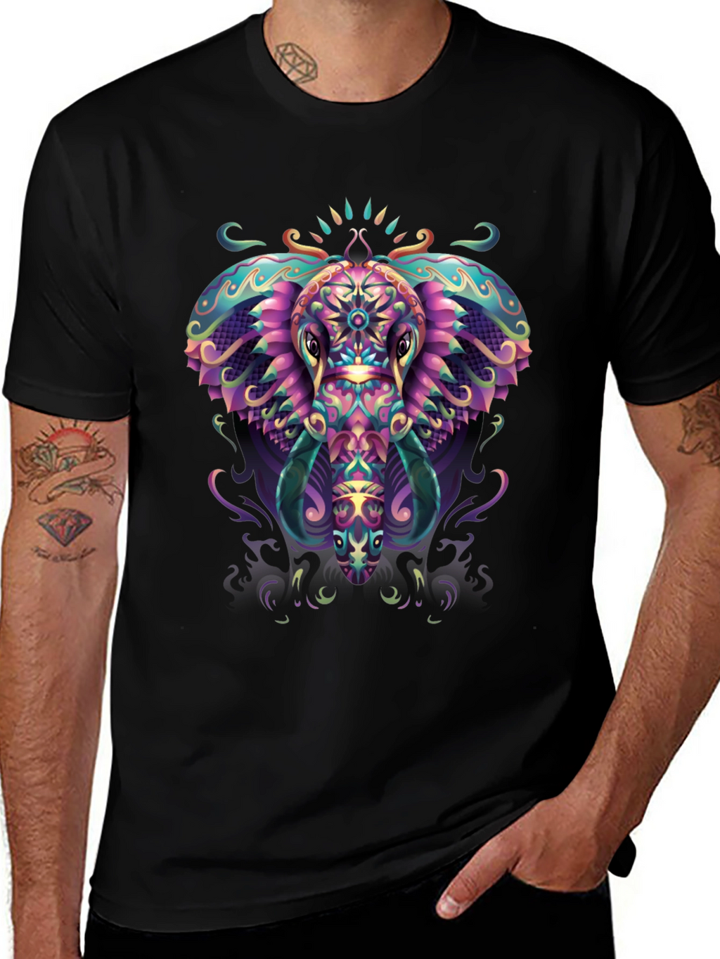 Psychedelic Elephant Graphic Tee - Black