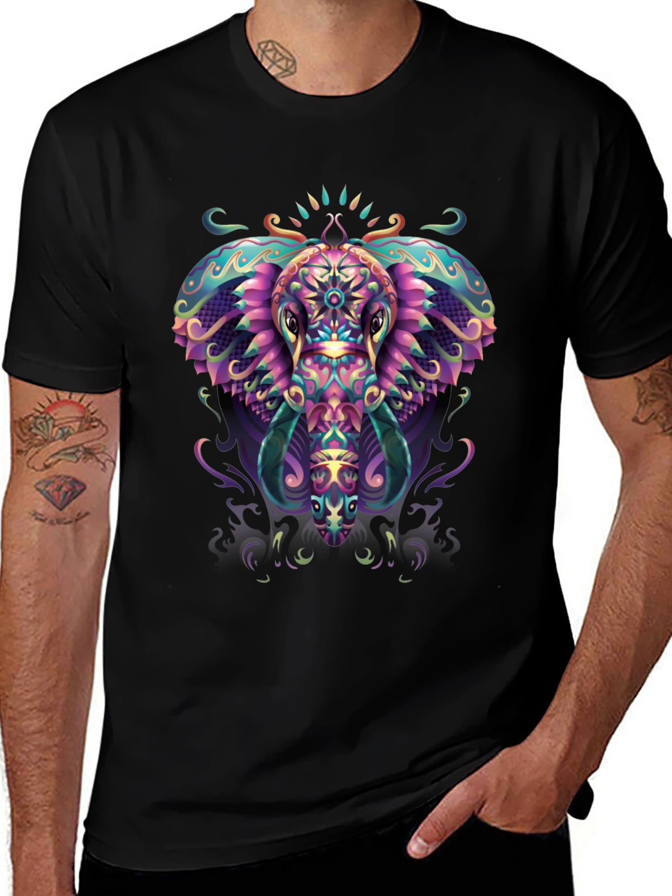 Psychedelic Elephant Graphic Tee - Black