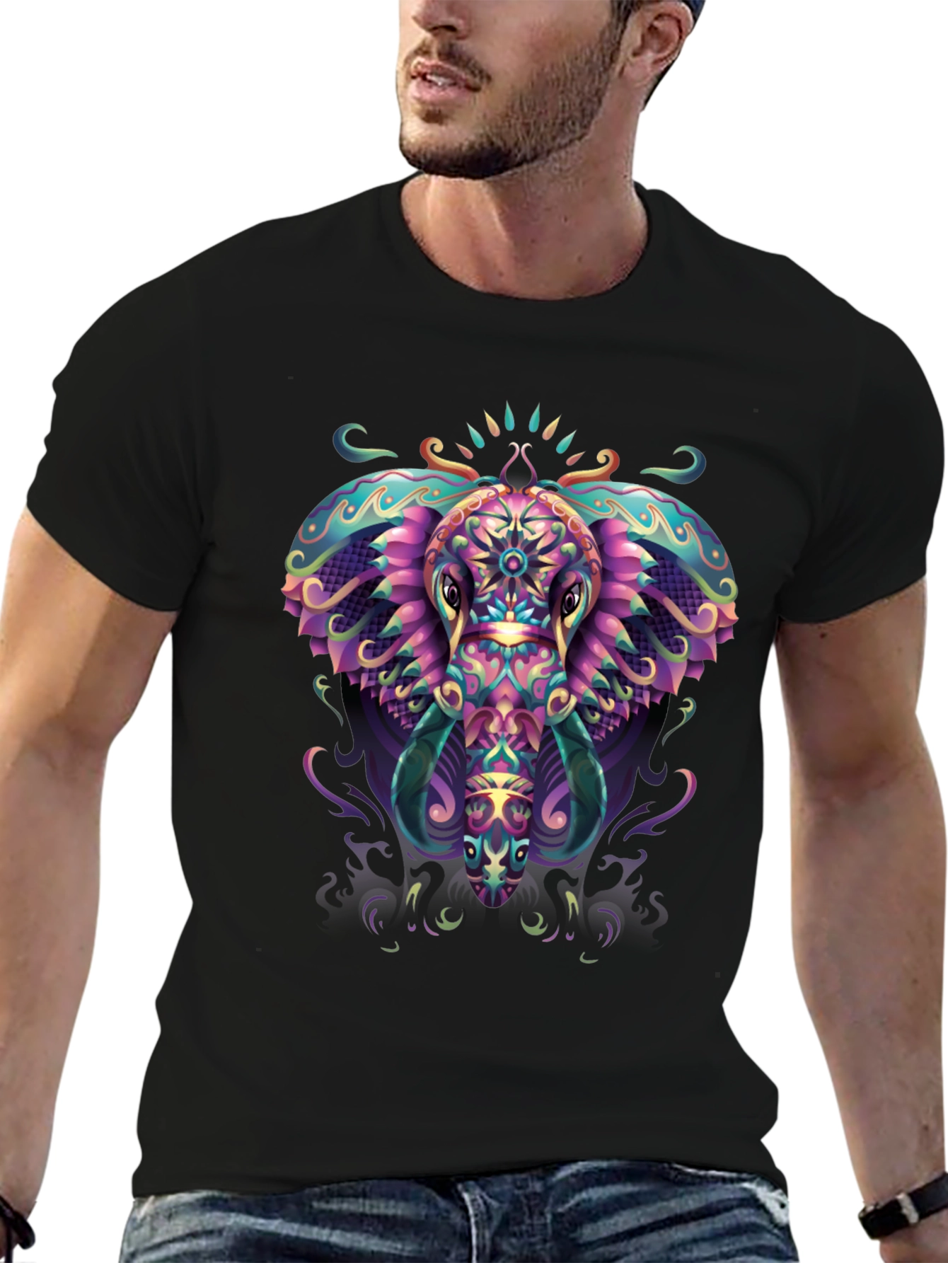 Psychedelic Elephant Graphic Tee - Black