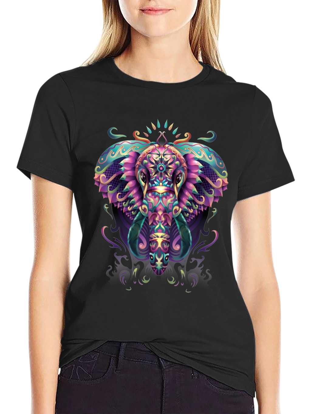 Psychedelic Elephant Graphic Tee - Black