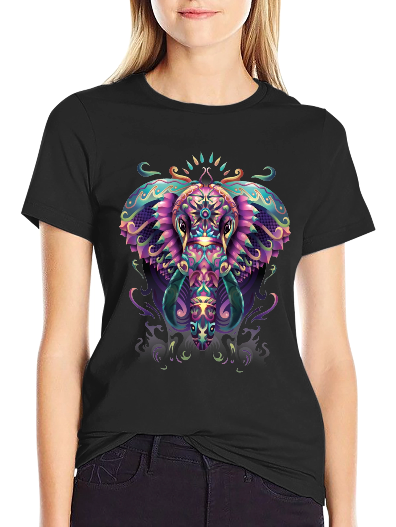 Psychedelic Elephant Graphic Tee - Black