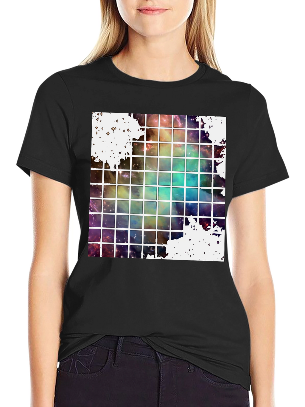 Galaxy Grid Graphic Tee - Trendy Space Design T-Shirt