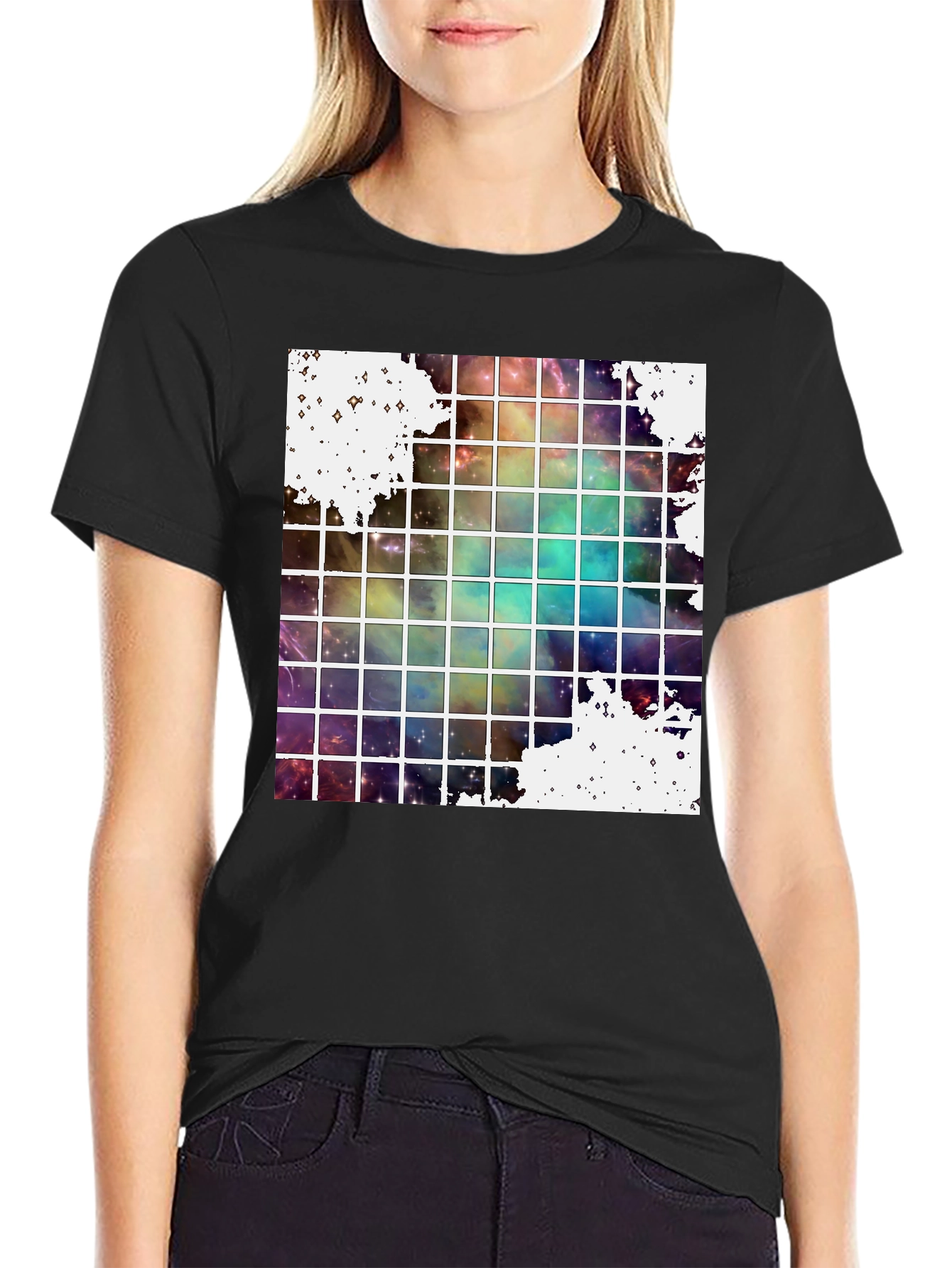 Galaxy Grid Graphic Tee - Trendy Space Design T-Shirt