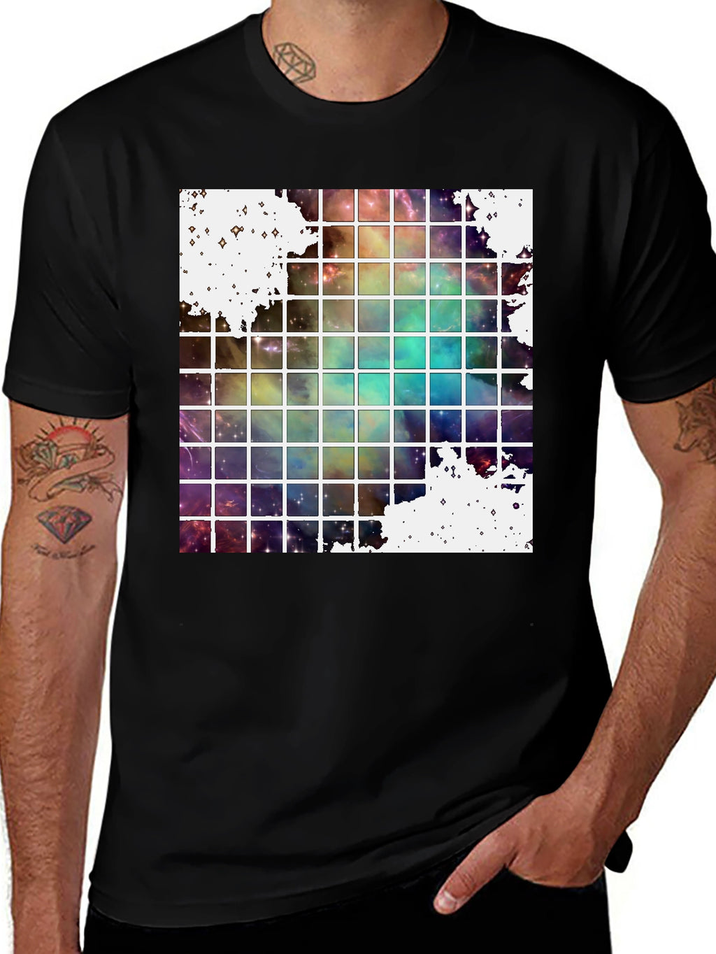 Galaxy Grid Graphic Tee - Trendy Space Design T-Shirt