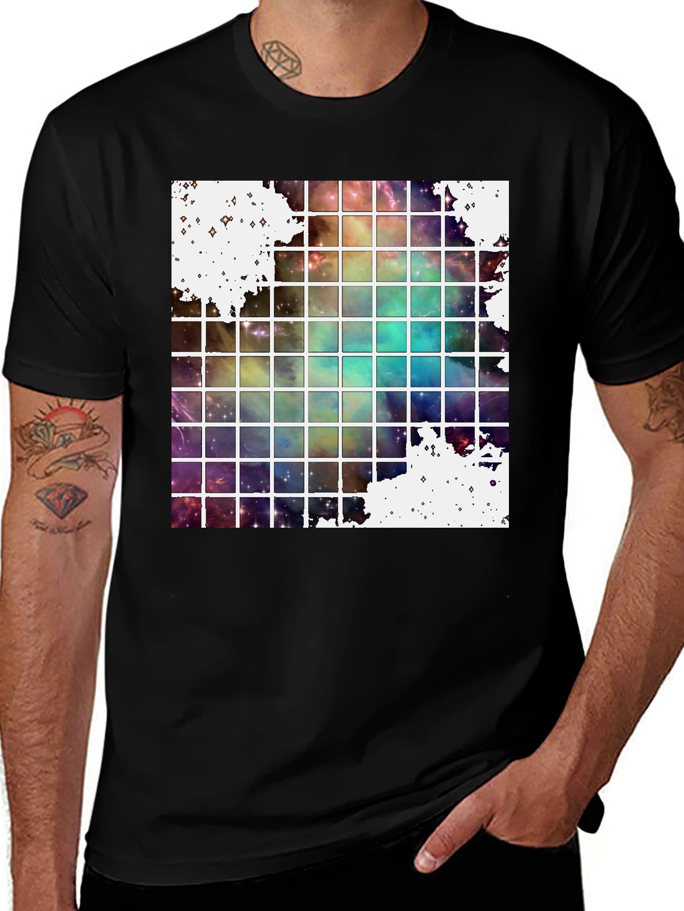 Galaxy Grid Graphic Tee - Trendy Space Design T-Shirt