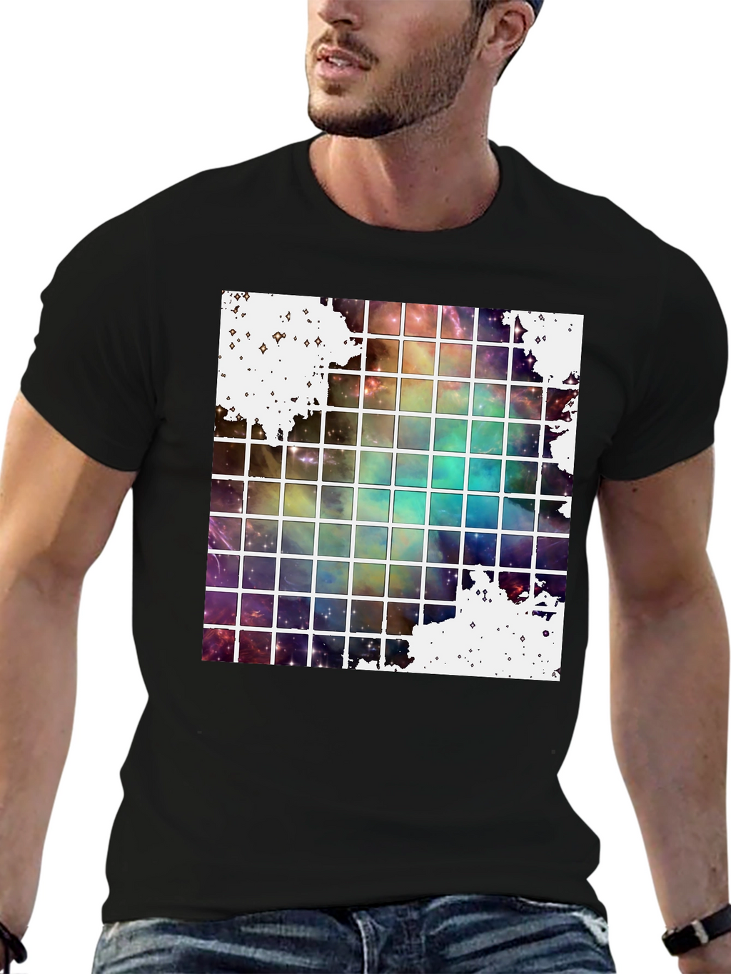 Galaxy Grid Graphic Tee - Trendy Space Design T-Shirt