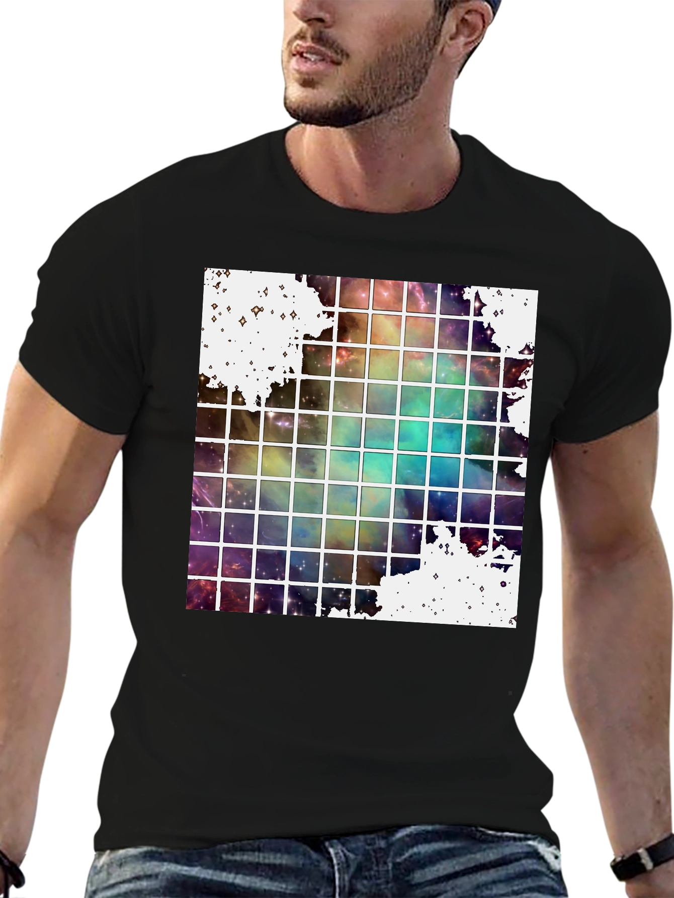 Galaxy Grid Graphic Tee - Trendy Space Design T-Shirt