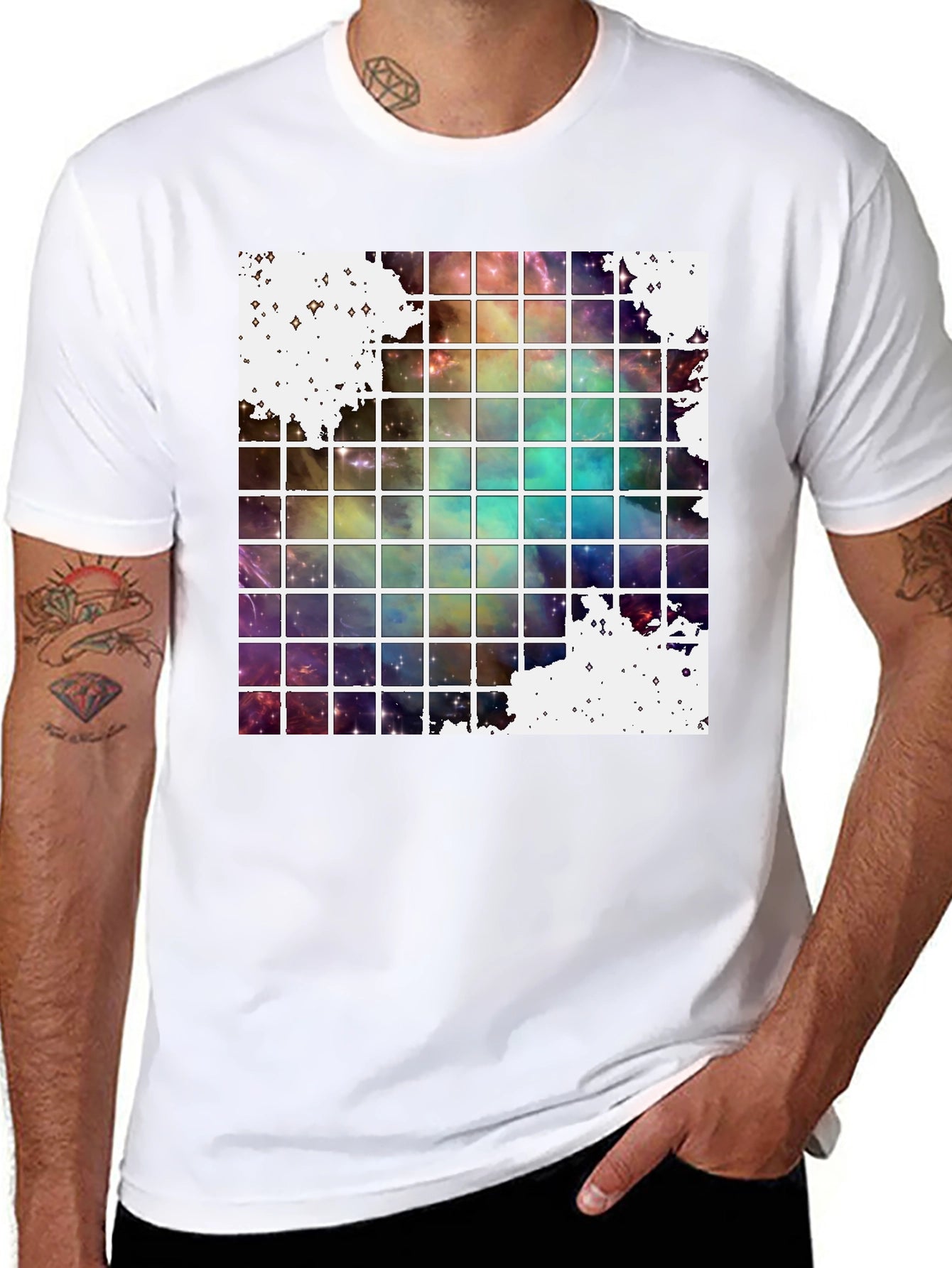 Galaxy Grid Graphic Tee - Trendy Space Design T-Shirt