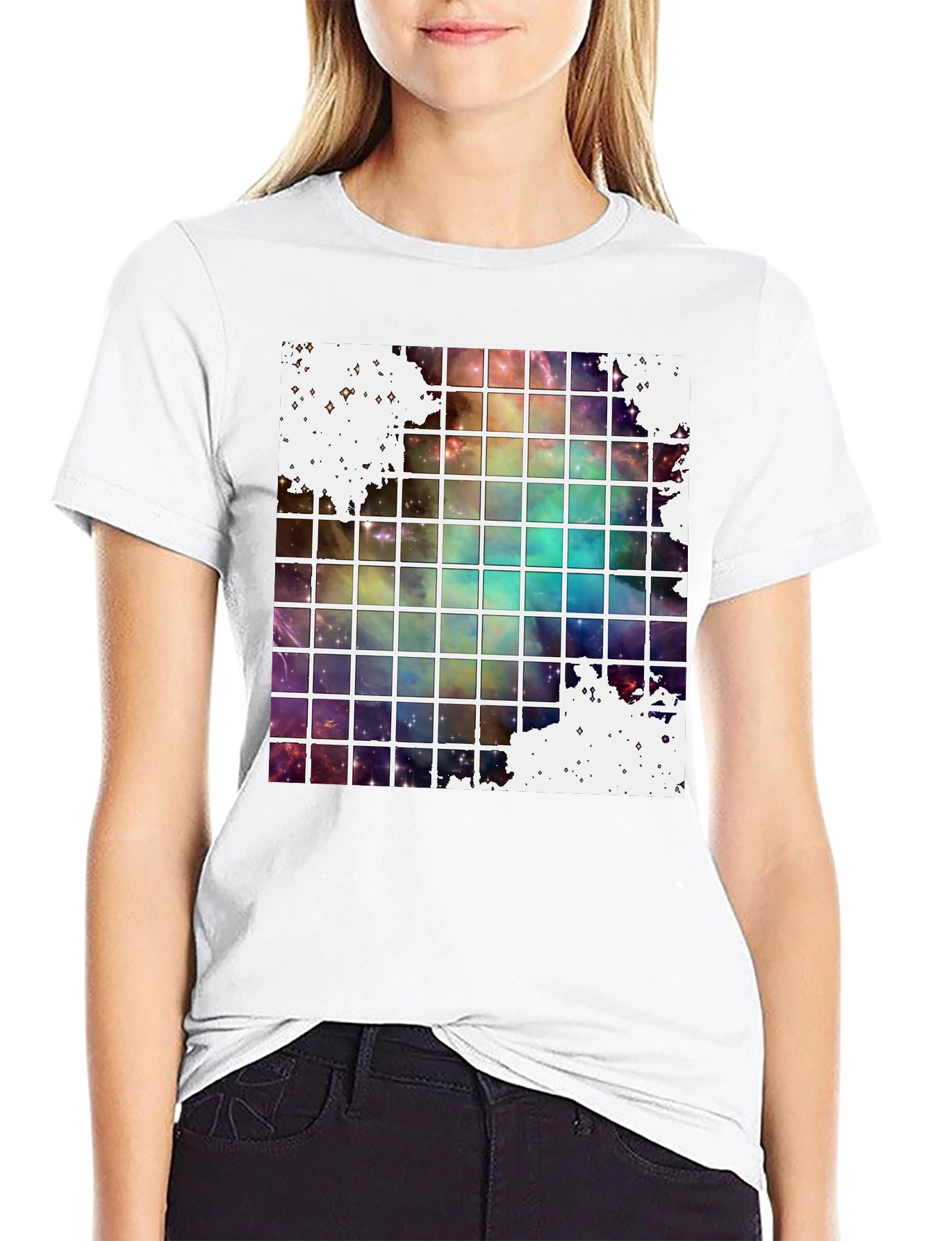 Galaxy Grid Graphic Tee - Trendy Space Design T-Shirt