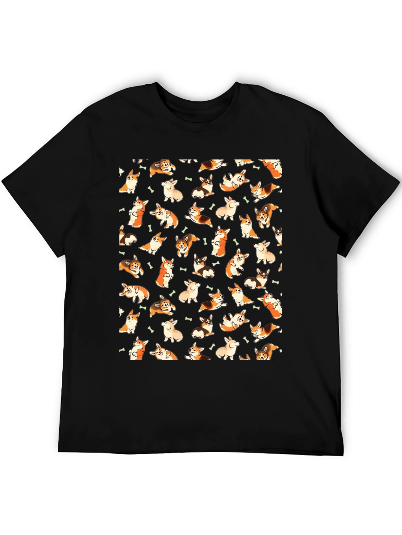 Corgi Dog Pattern Black T-Shirt