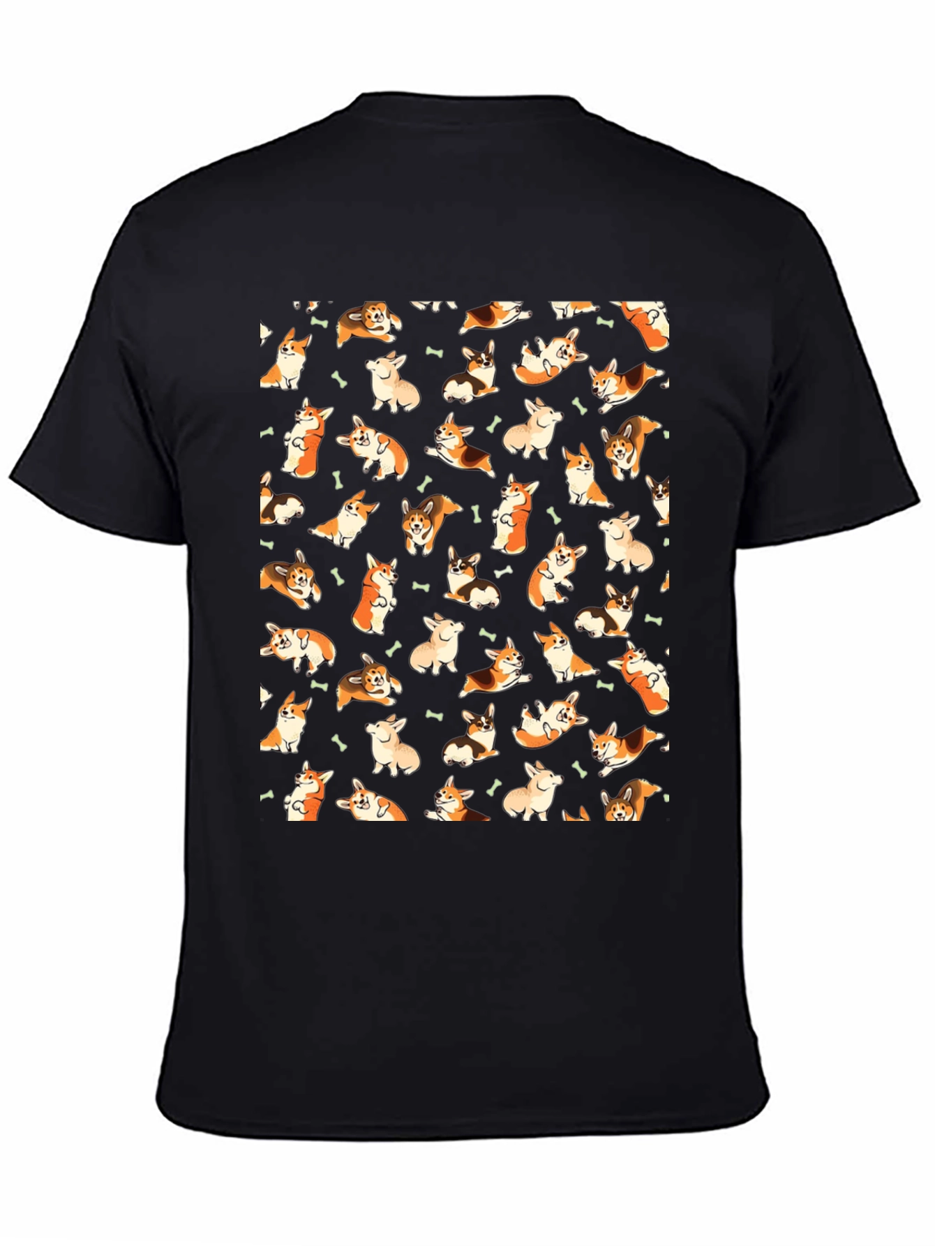 Corgi Dog Pattern Black T-Shirt