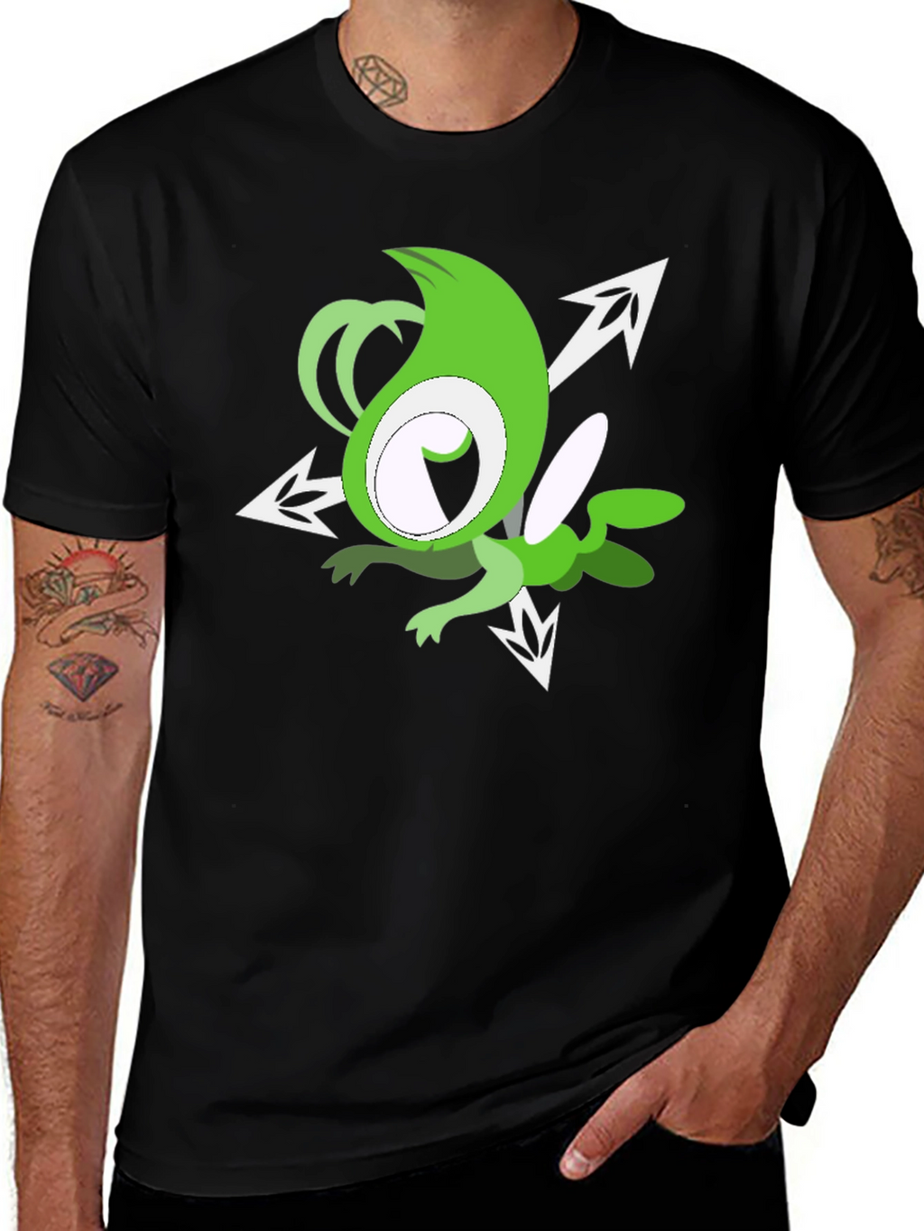 Green Cartoon Character Black T-Shirt