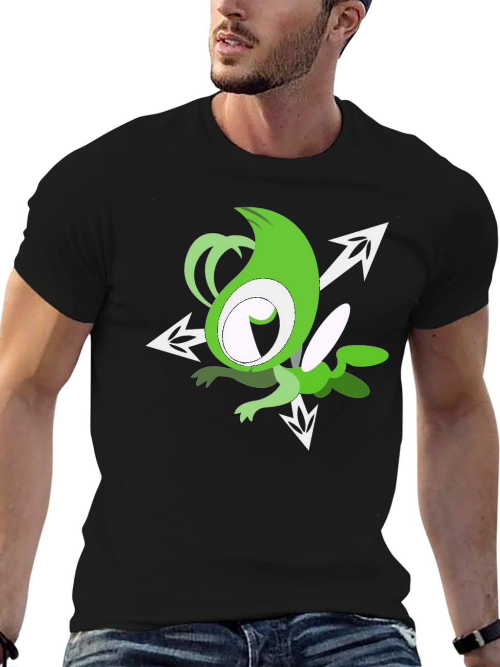 Green Cartoon Character Black T-Shirt