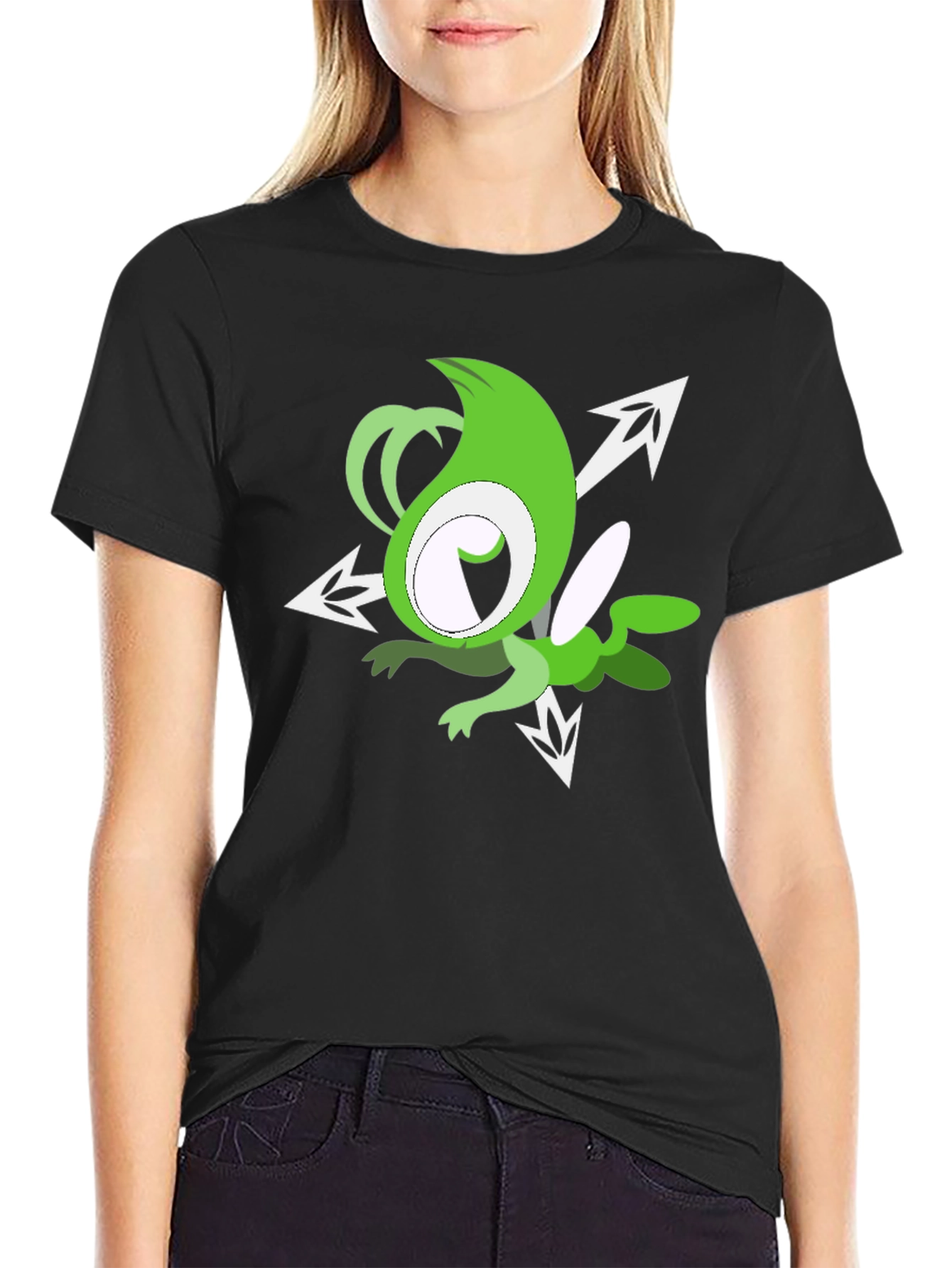 Green Cartoon Character Black T-Shirt