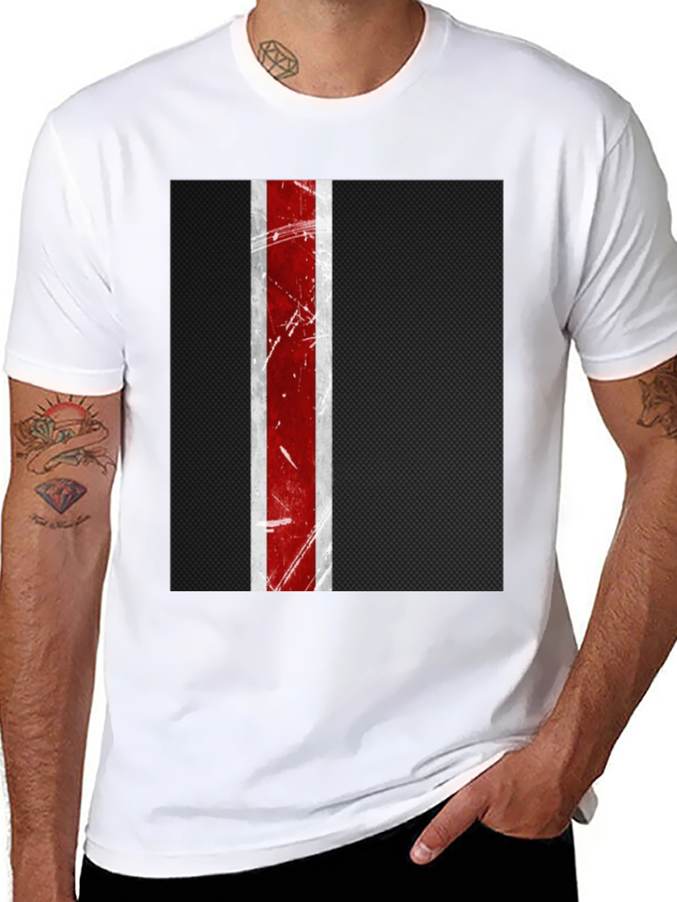 Black Tee with Distressed Racing Stripe