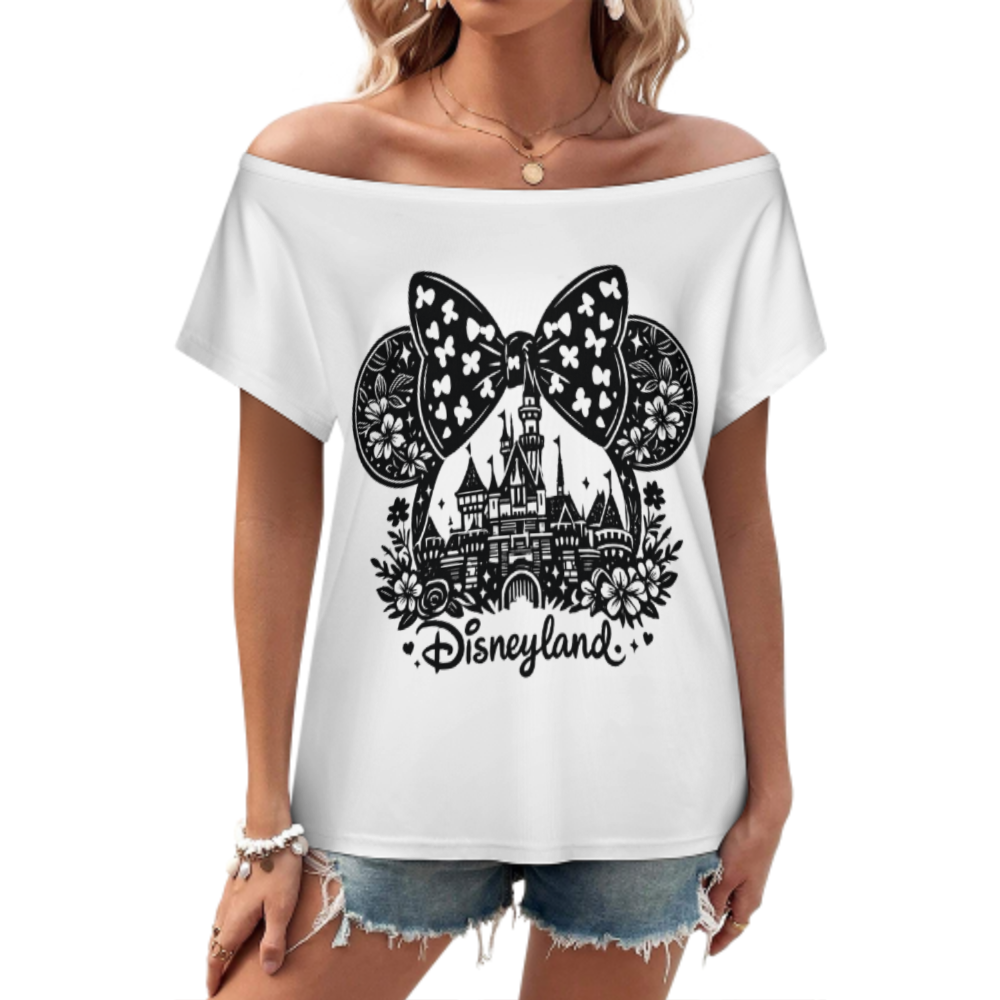 Disney Castle Bow Graphic Tee – Magical Theme Park Inspired Women's Casual Off-Shoulder Top(z1053)