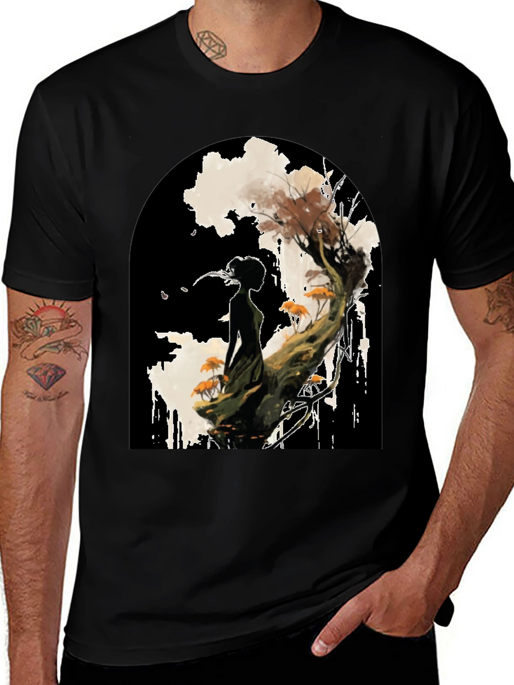 Nature Silhouette Graphic Tee - Black Cotton Blend