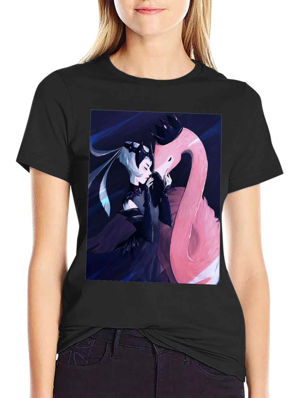 Black T-Shirt with Fantasy Flamingo Design