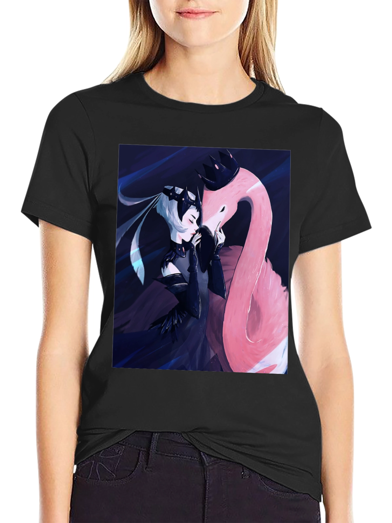 Black T-Shirt with Fantasy Flamingo Design