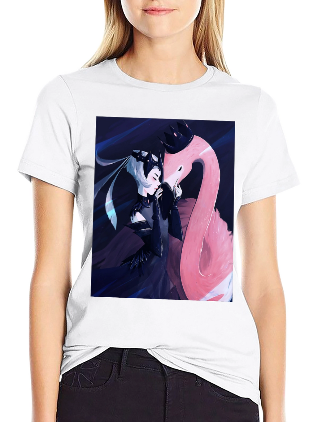 Black T-Shirt with Fantasy Flamingo Design