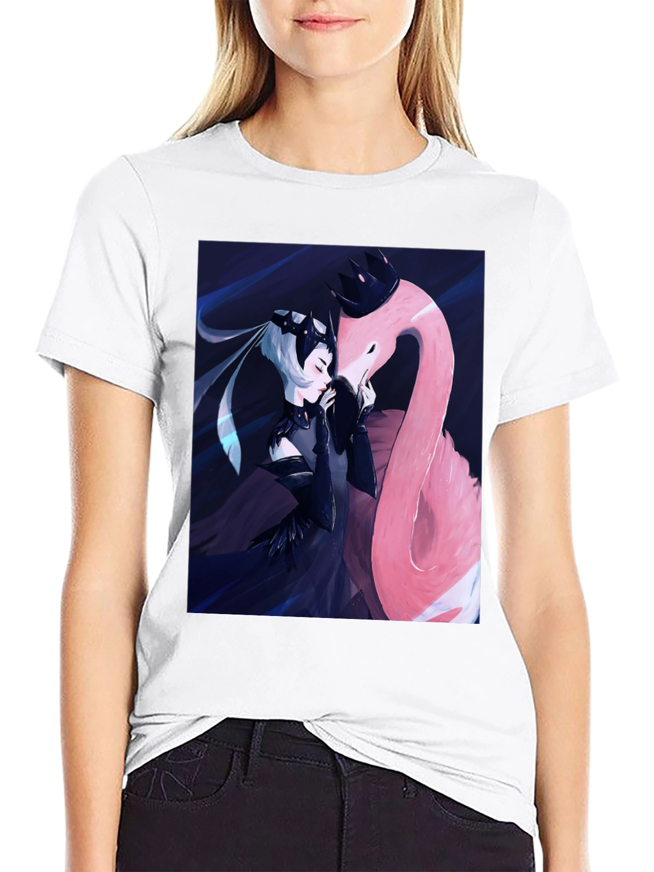 Black T-Shirt with Fantasy Flamingo Design