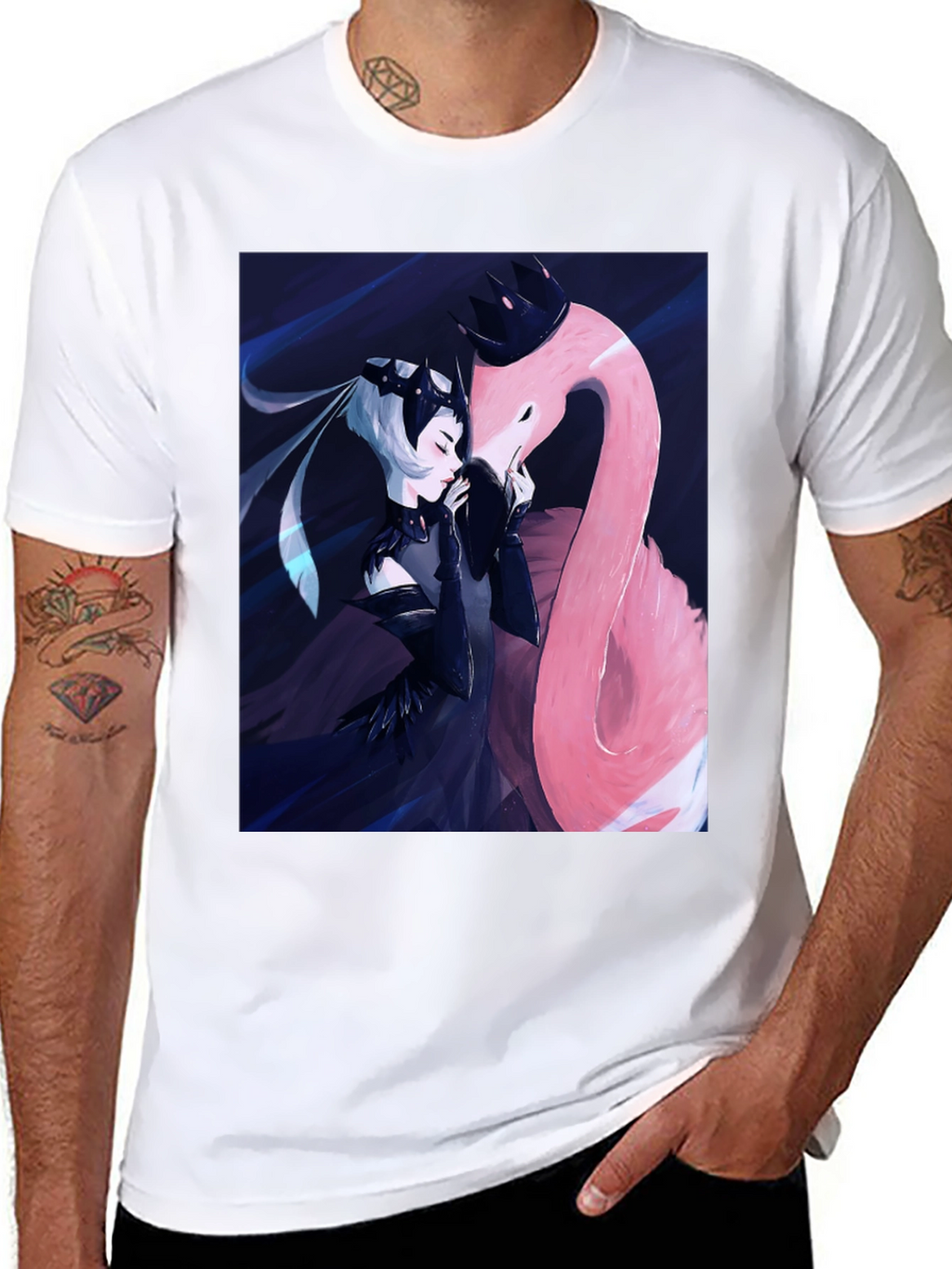 Black T-Shirt with Fantasy Flamingo Design
