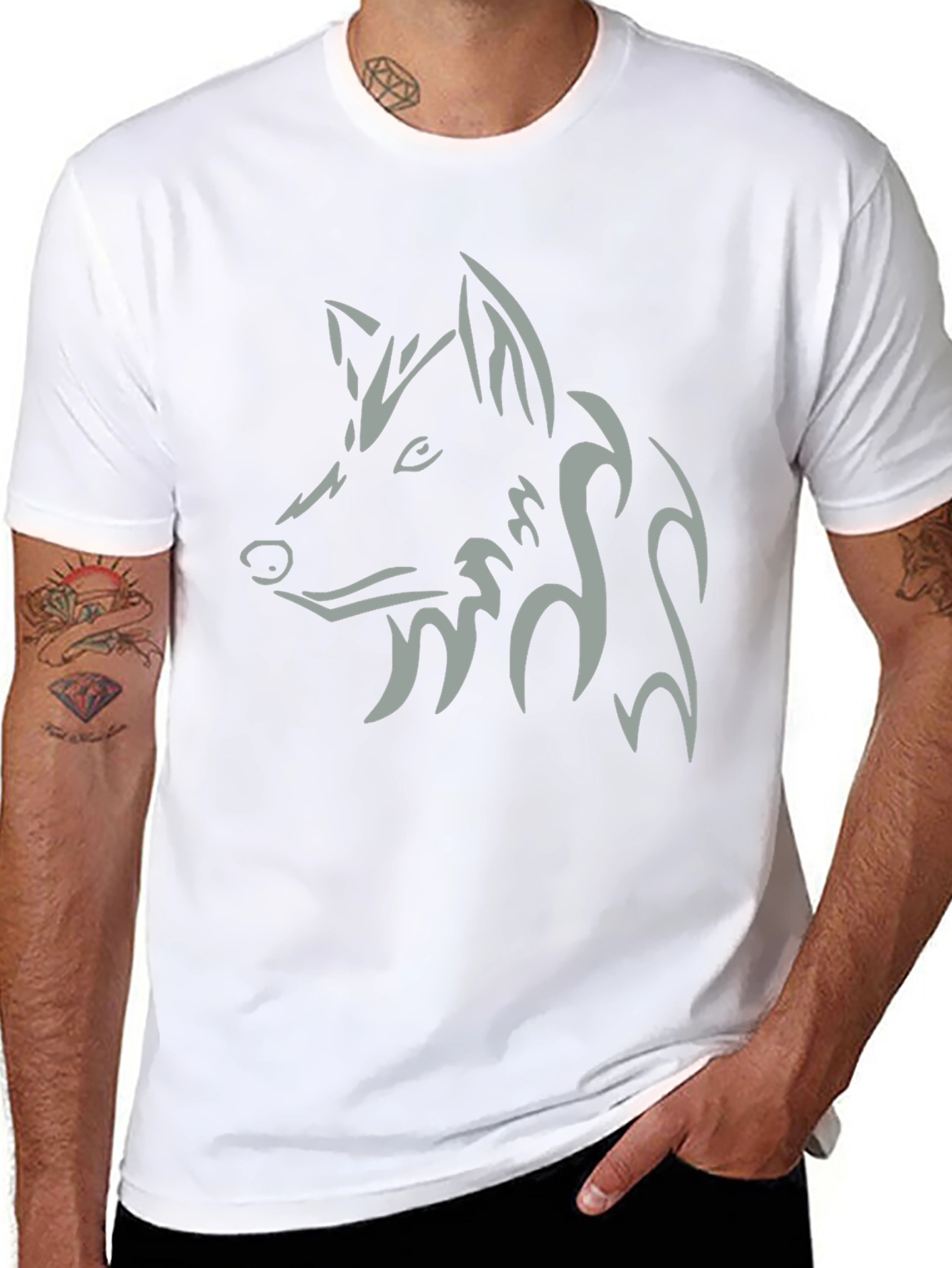 Mens Black T-Shirt with Tribal Wolf Design