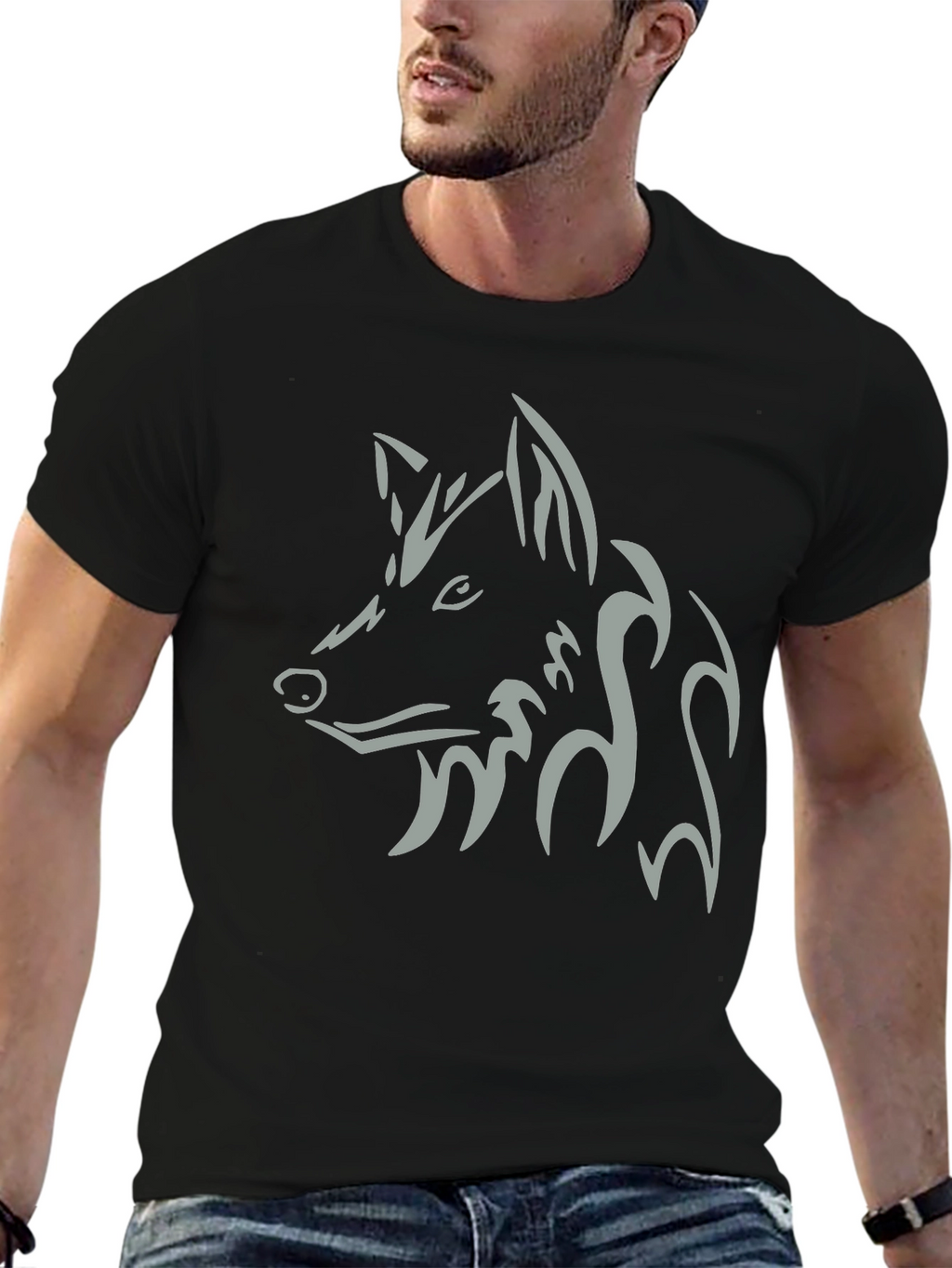 Mens Black T-Shirt with Tribal Wolf Design