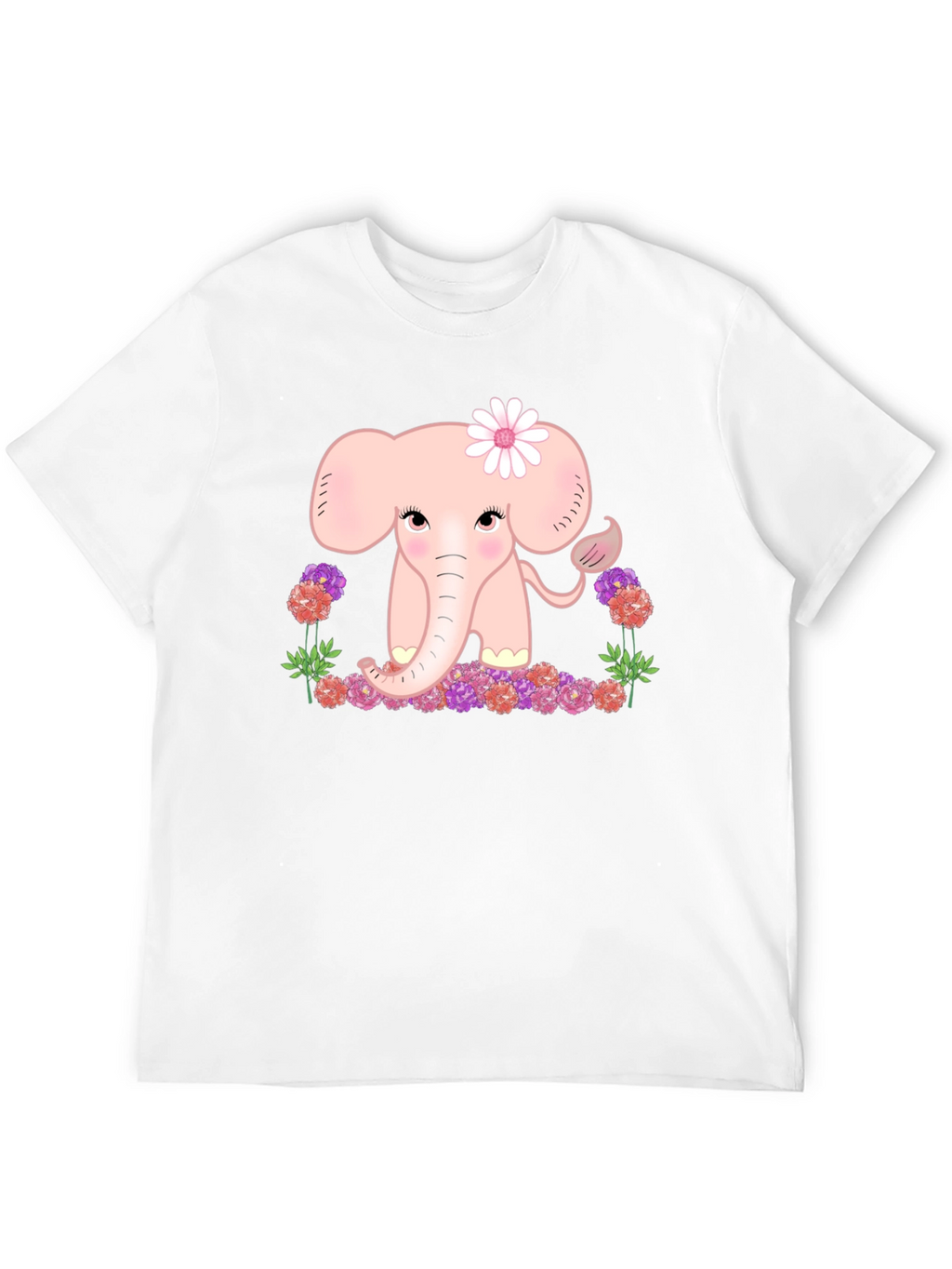 Cute Elephant Flower Graphic Tee - Black