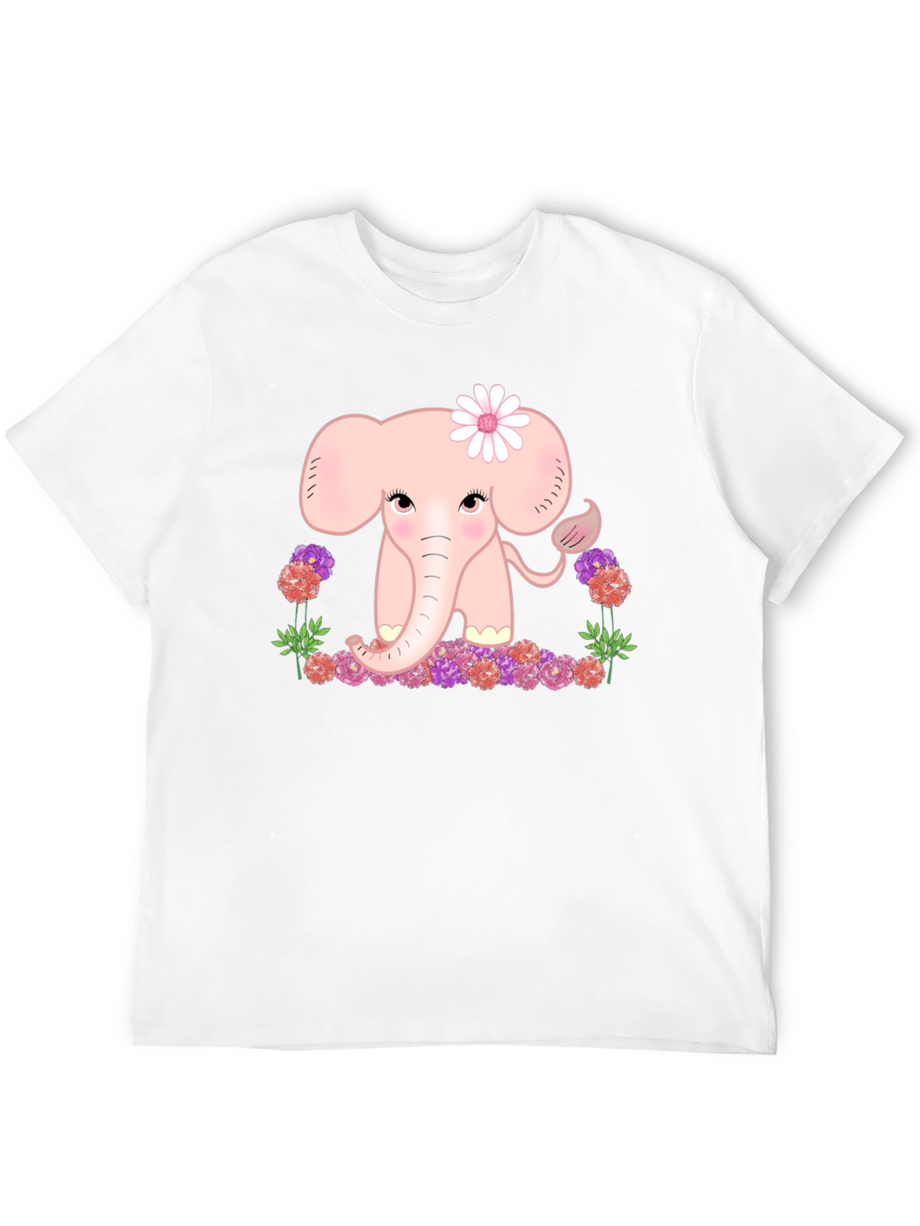 Cute Elephant Flower Graphic Tee - Black