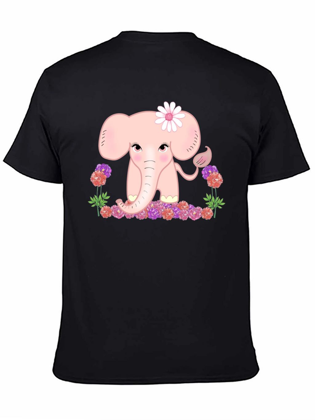 Cute Elephant Flower Graphic Tee - Black