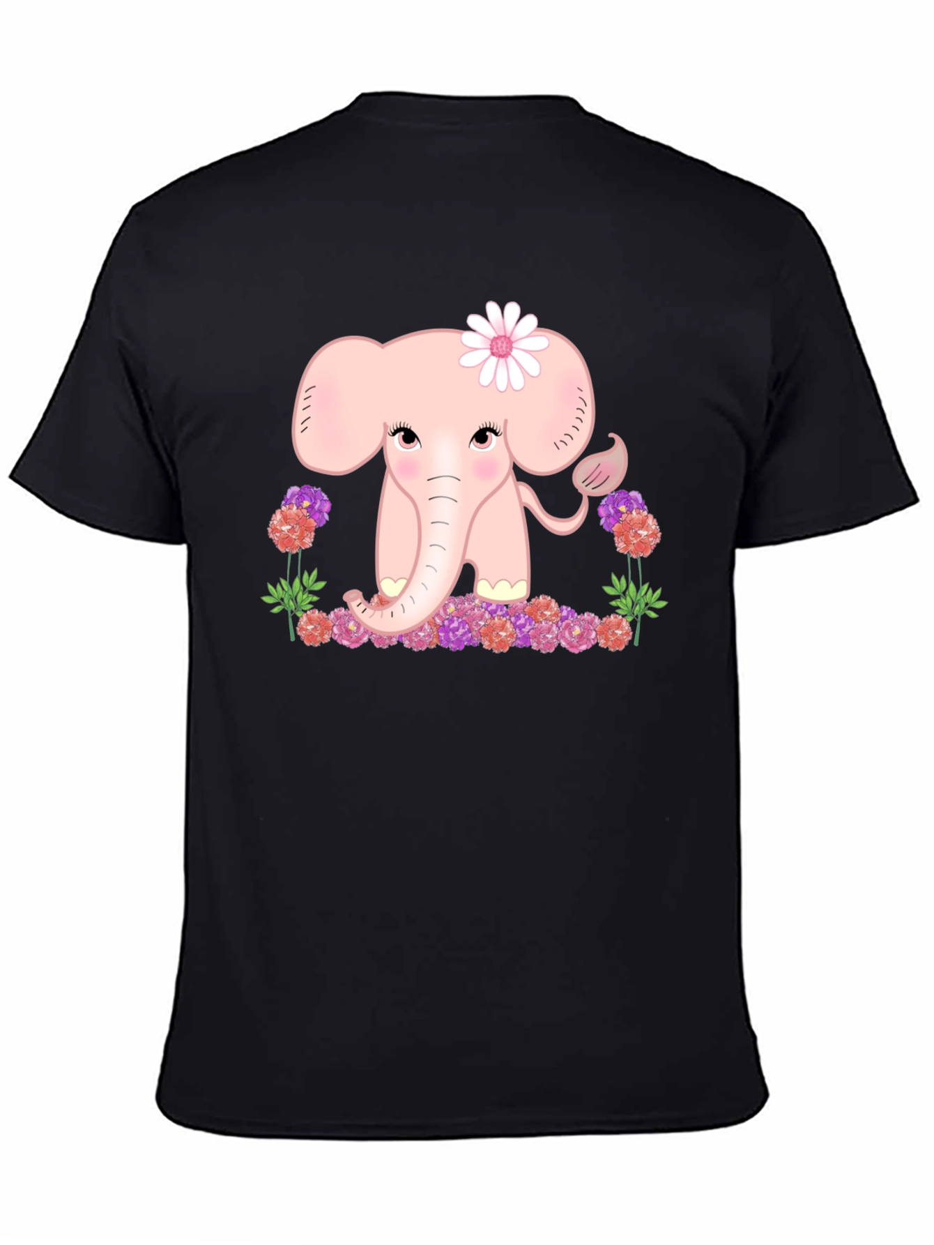 Cute Elephant Flower Graphic Tee - Black