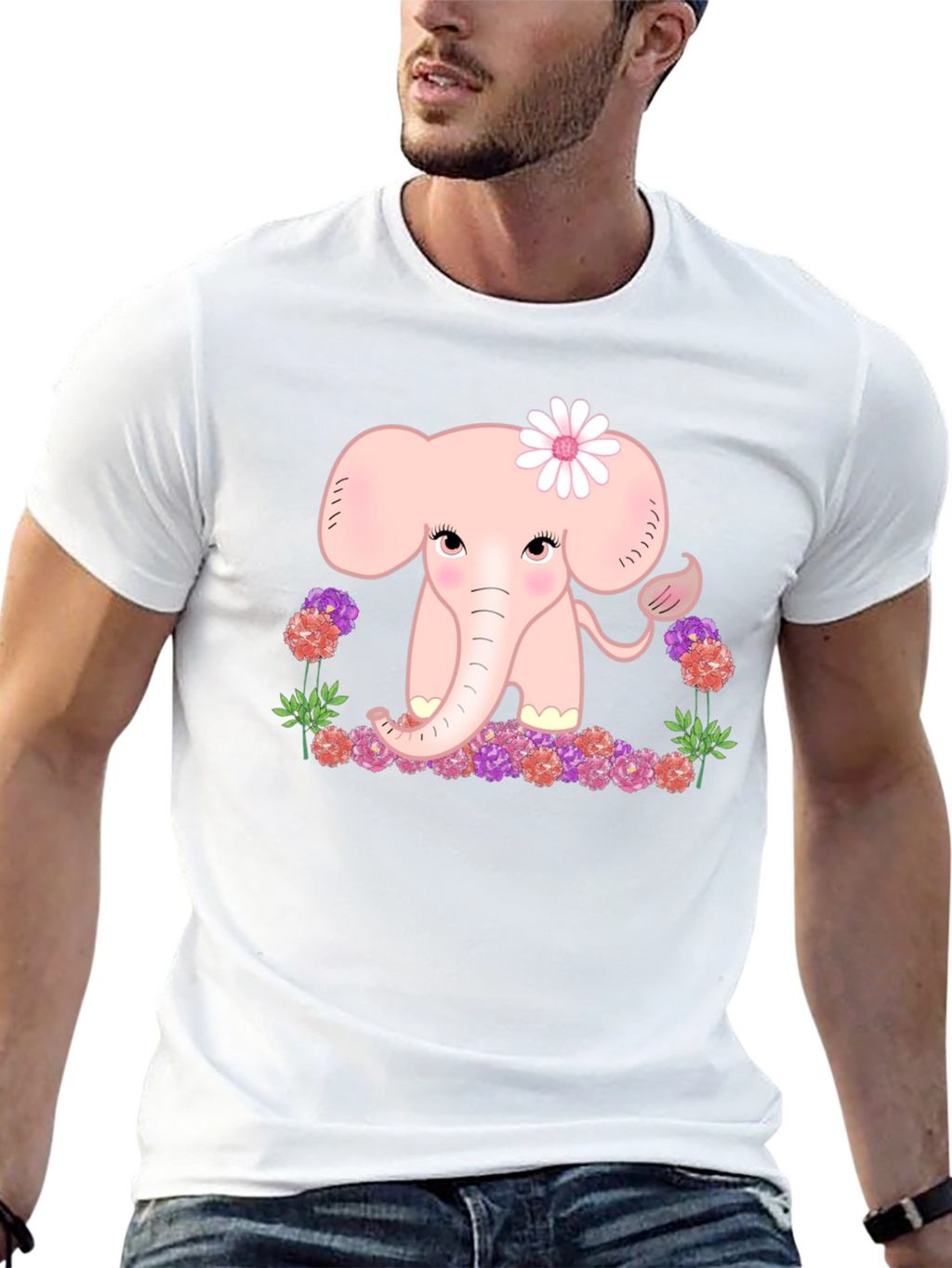 Cute Elephant Flower Graphic Tee - Black