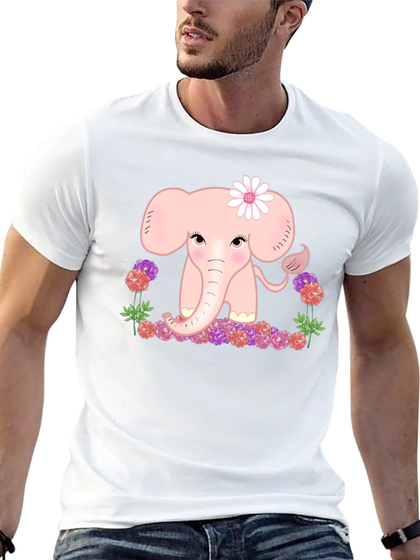 Cute Elephant Flower Graphic Tee - Black
