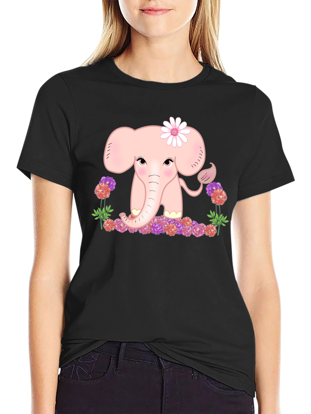 Cute Elephant Flower Graphic Tee - Black