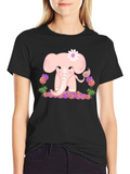 Cute Elephant Flower Graphic Tee - Black