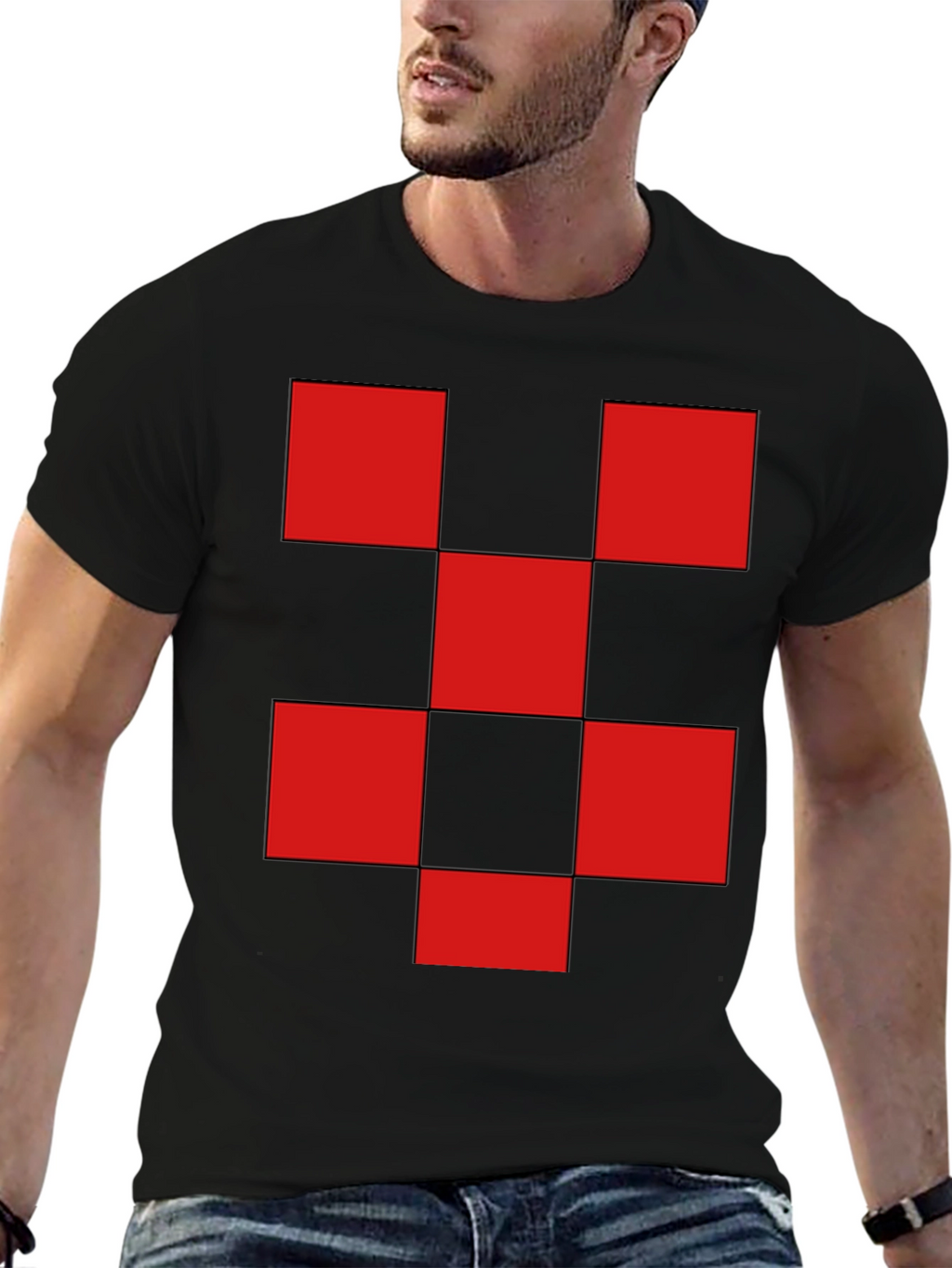 Red Checkered Graphic Print Black T-Shirt