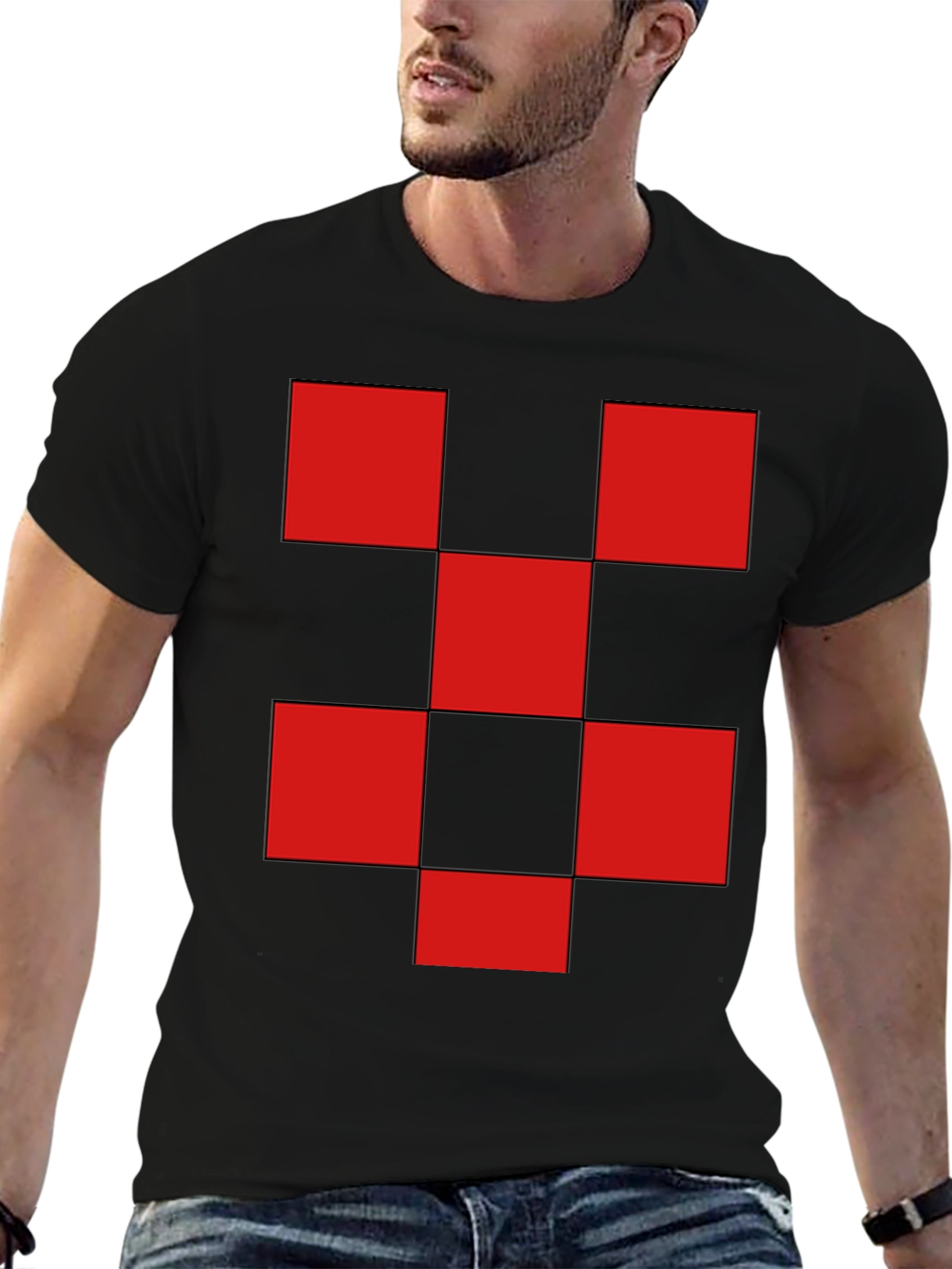 Red Checkered Graphic Print Black T-Shirt