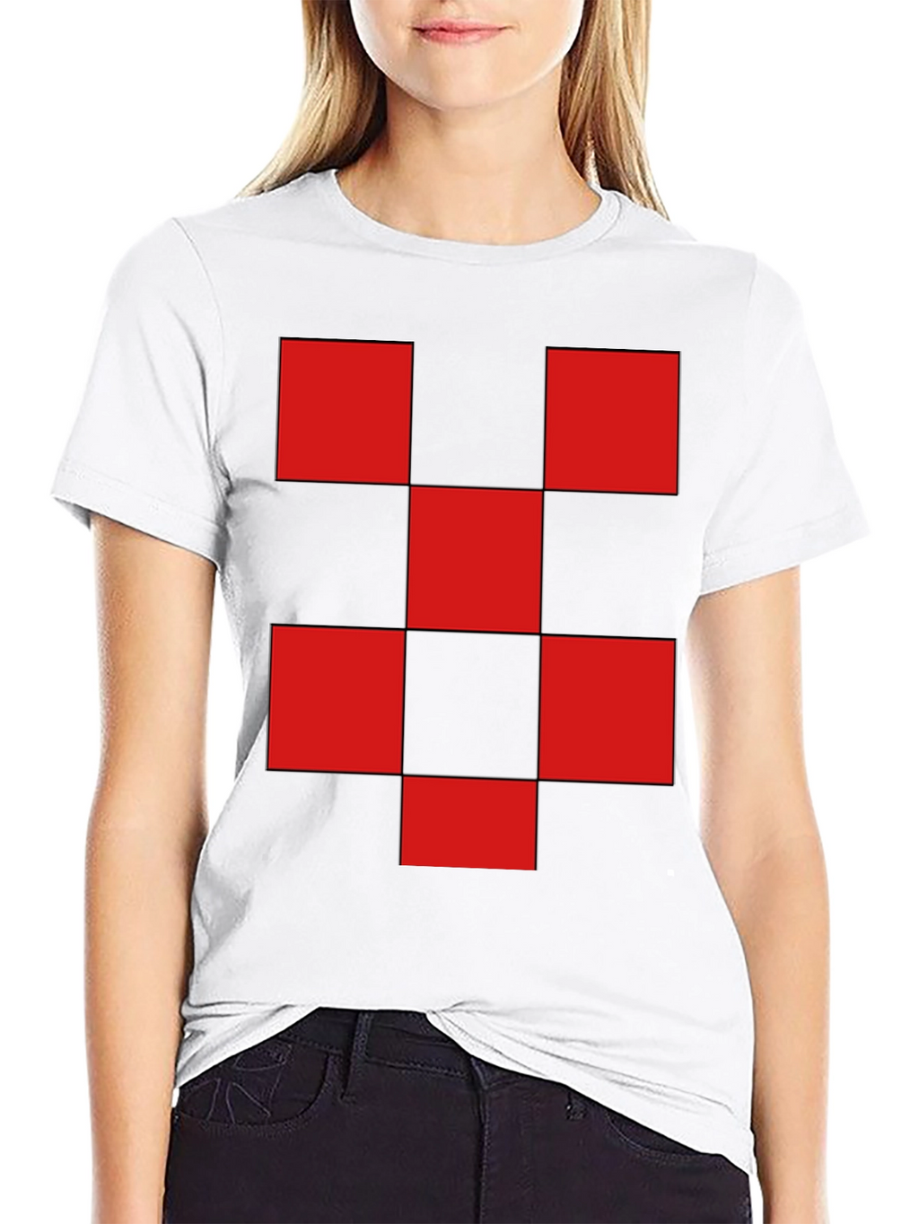 Red Checkered Graphic Print Black T-Shirt