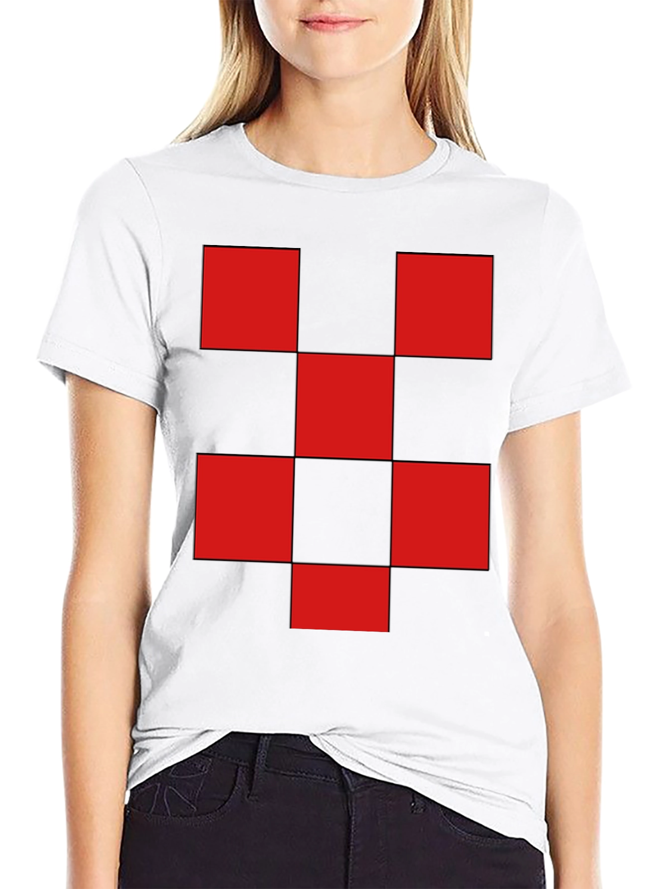 Red Checkered Graphic Print Black T-Shirt
