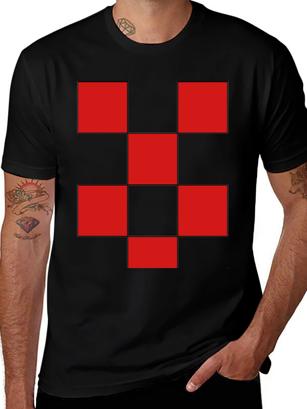 Red Checkered Graphic Print Black T-Shirt