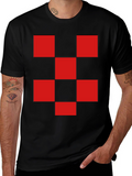 Red Checkered Graphic Print Black T-Shirt