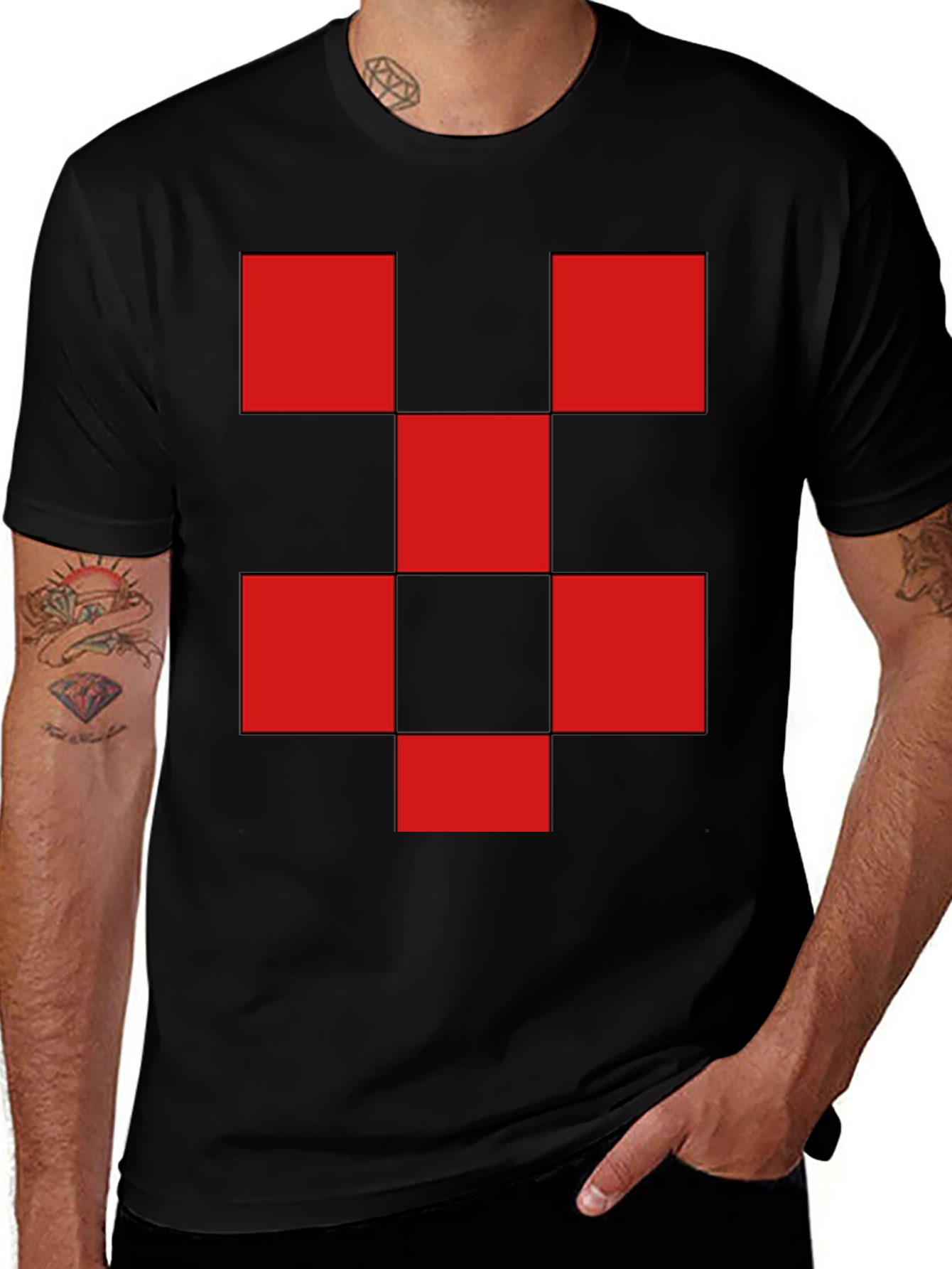 Red Checkered Graphic Print Black T-Shirt