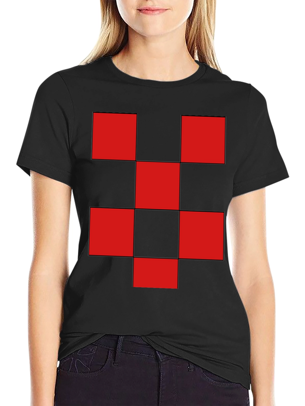 Red Checkered Graphic Print Black T-Shirt