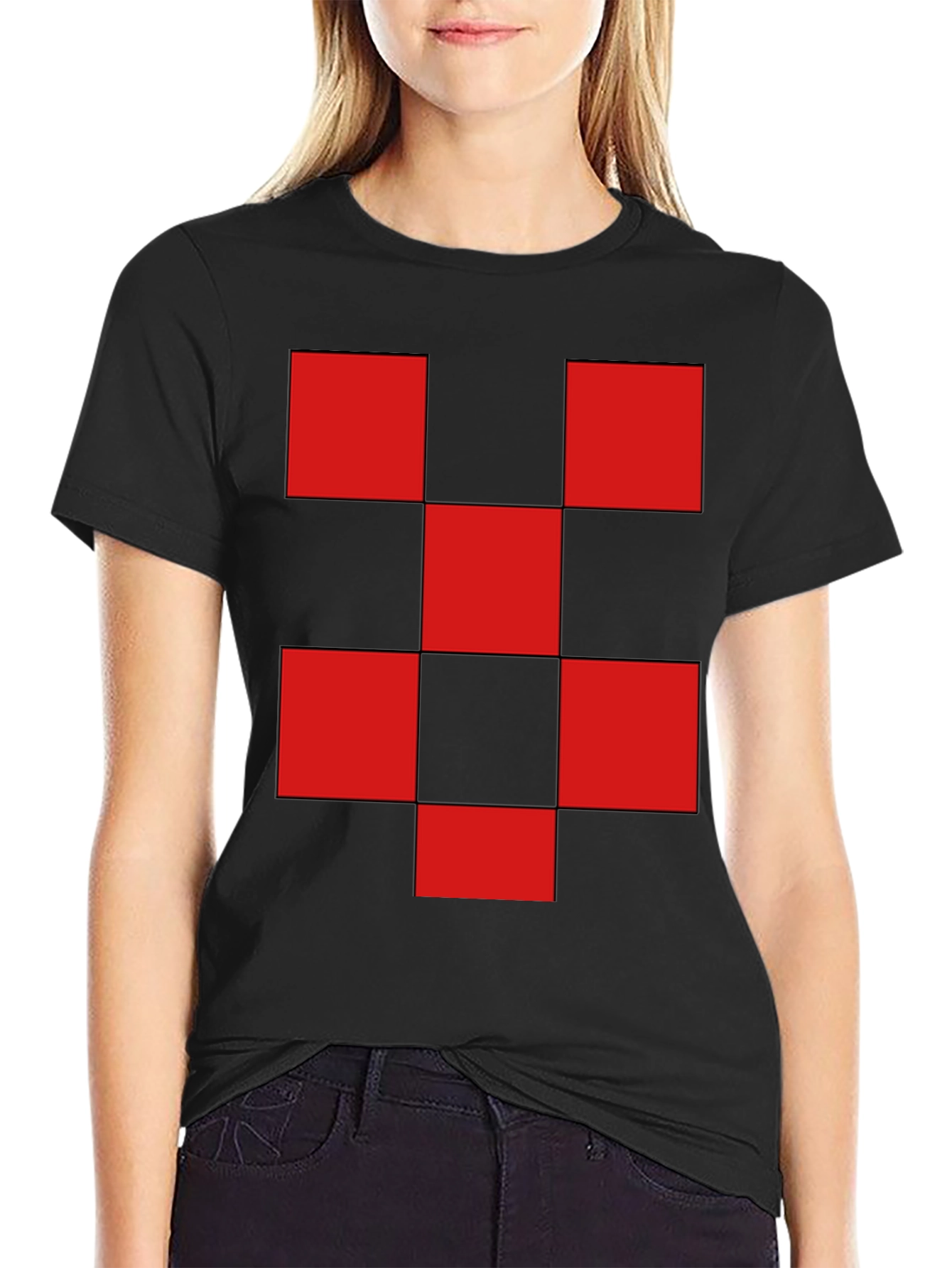 Red Checkered Graphic Print Black T-Shirt