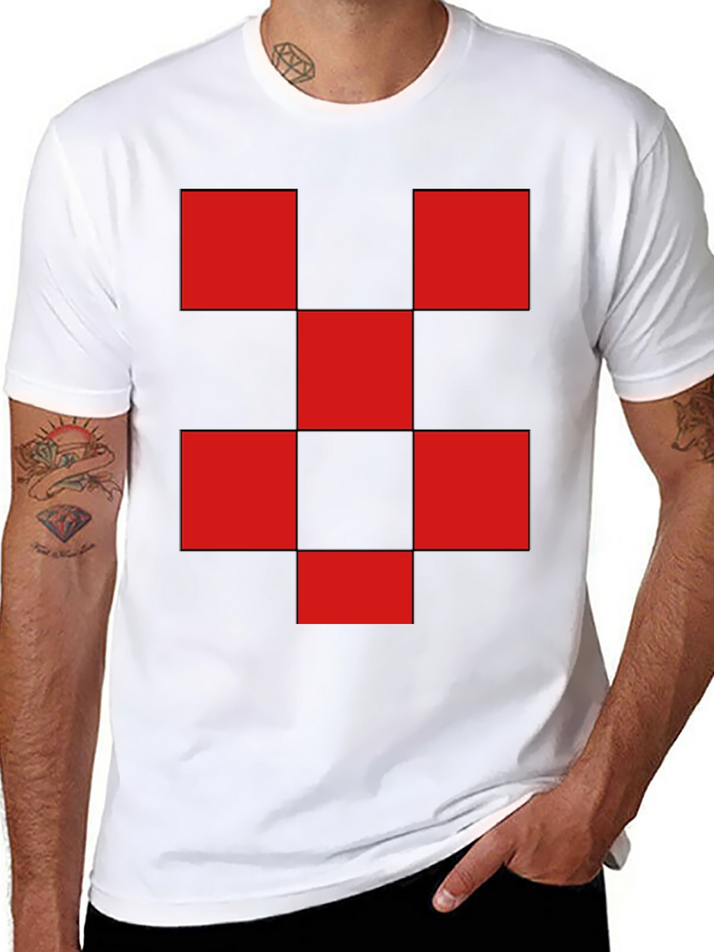 Red Checkered Graphic Print Black T-Shirt