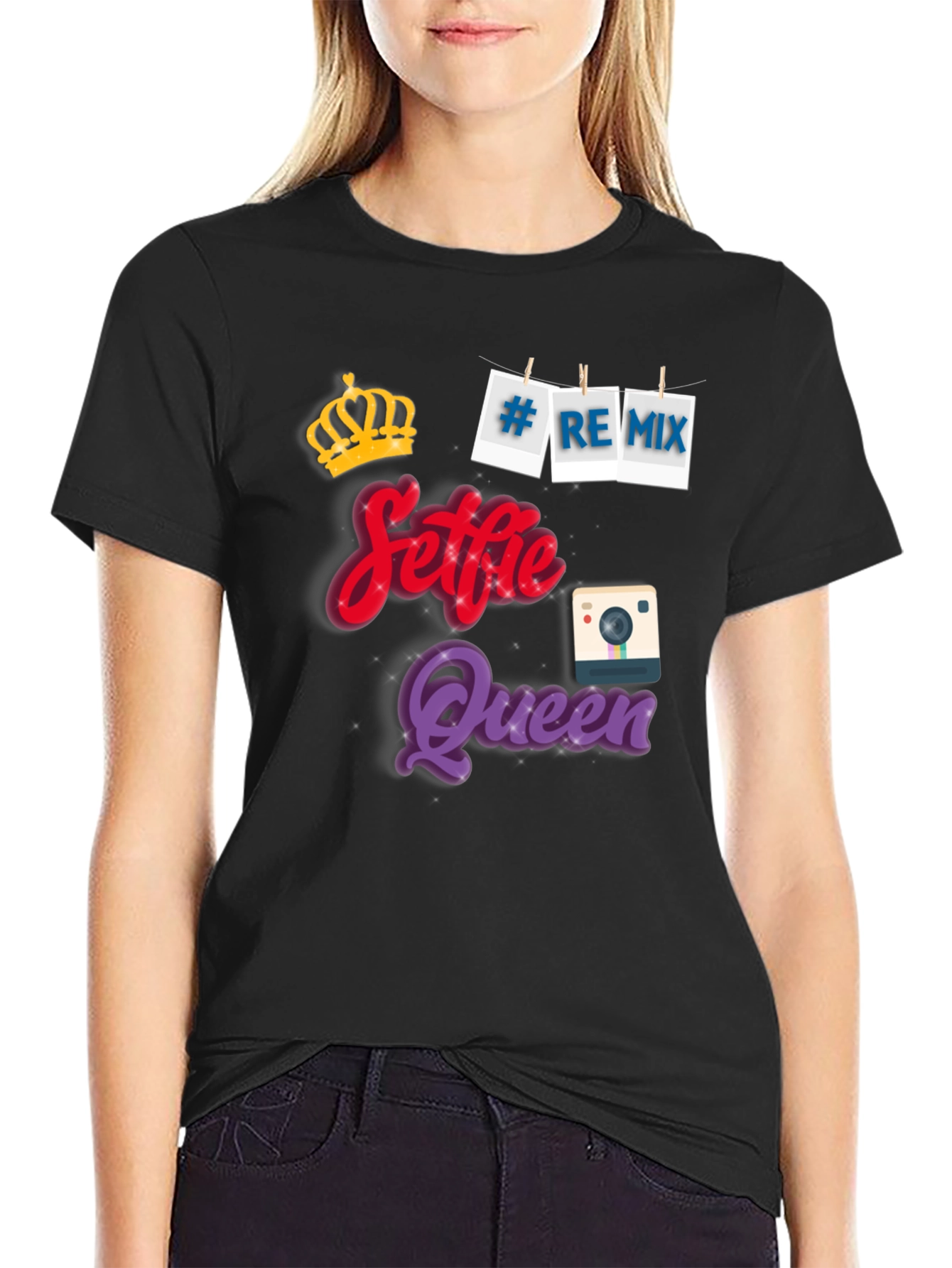 Selfie Queen Black Graphic T-Shirt