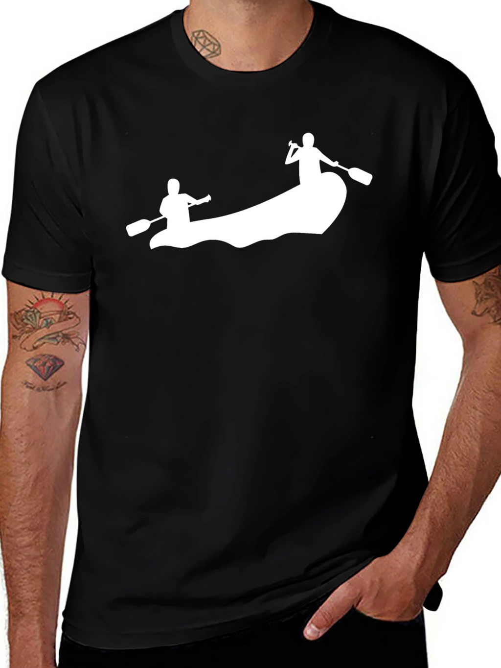 Mens Black T-Shirt - Canoeing Design